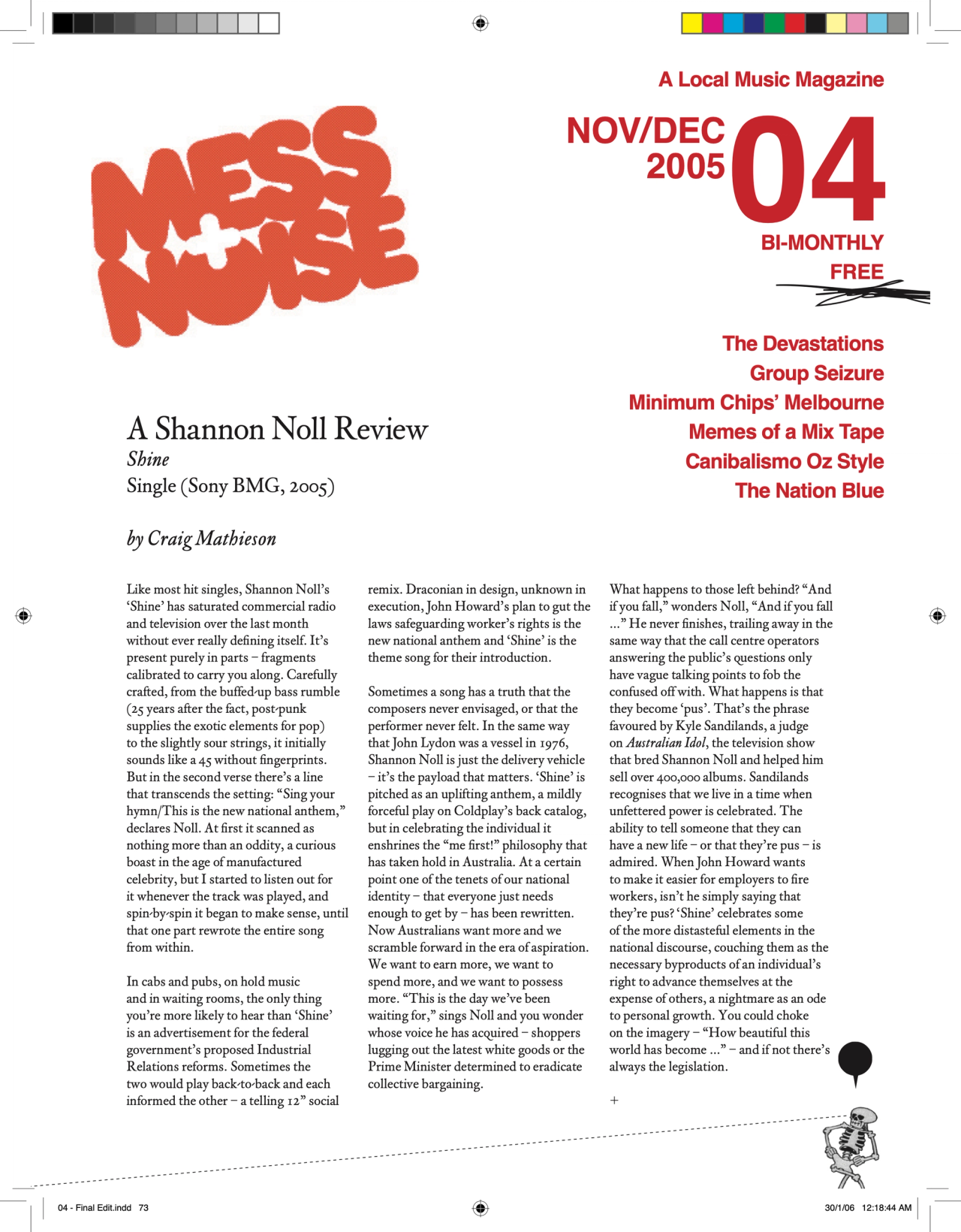 Mess+Noise magazine issue 04 cover, Nov/Dec 2005: text-led cover printing a review in full