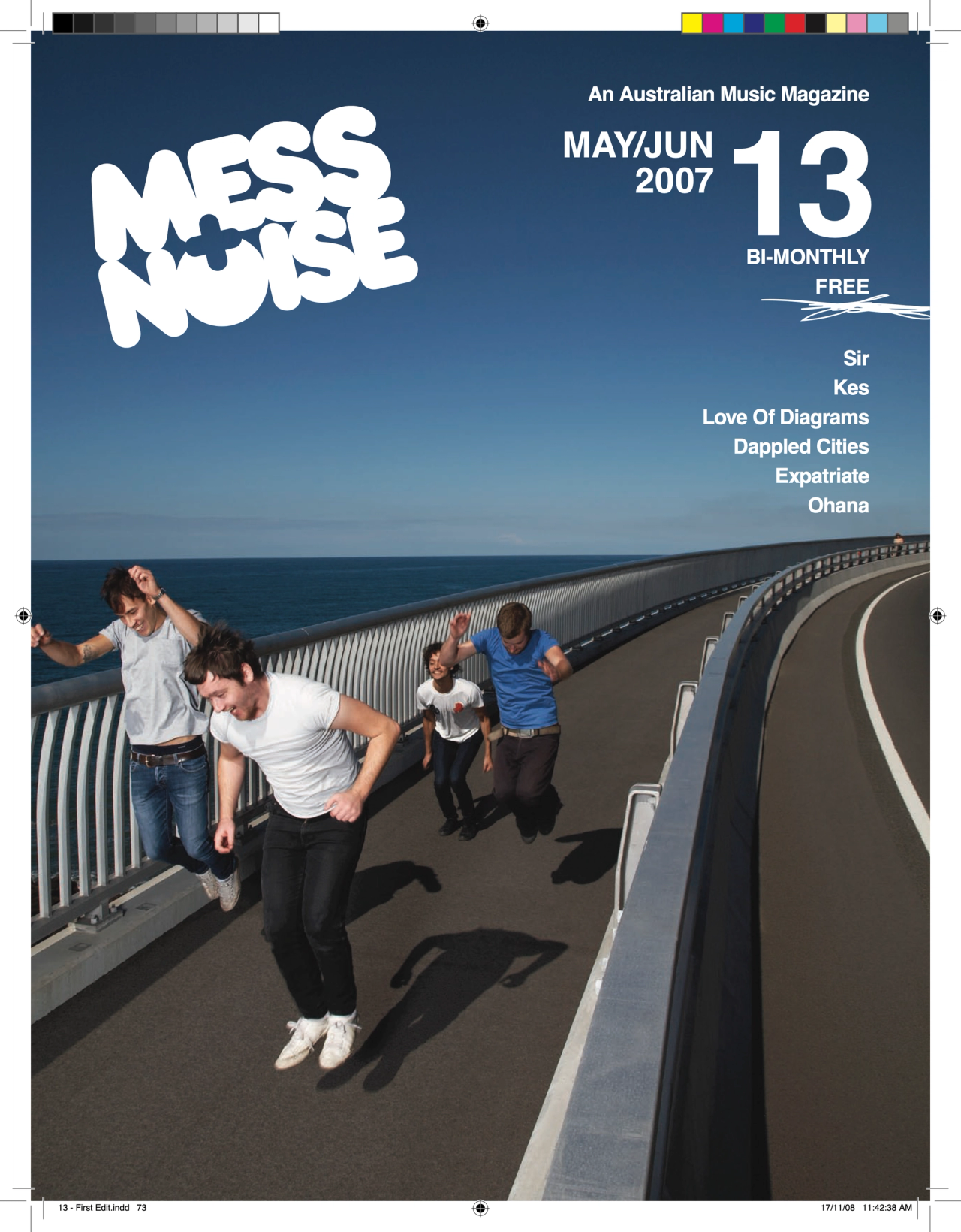 Mess+Noise magazine issue 13 cover, May/Jun 2007: photograph of a band running along a seaside road