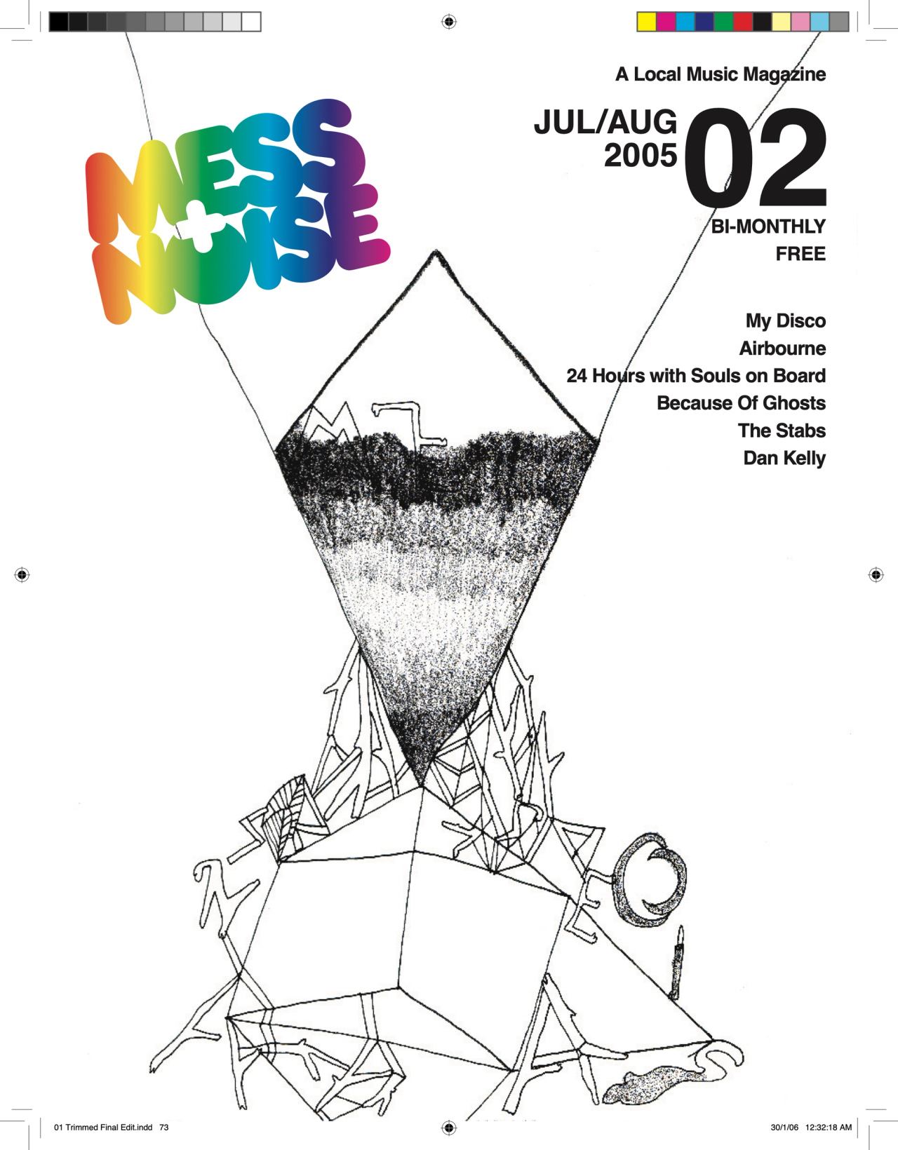Mess+Noise magazine issue 02 cover, Jul/Aug 2005: line illustration of a suspended, hand-drawn structure under a rainbow masthead