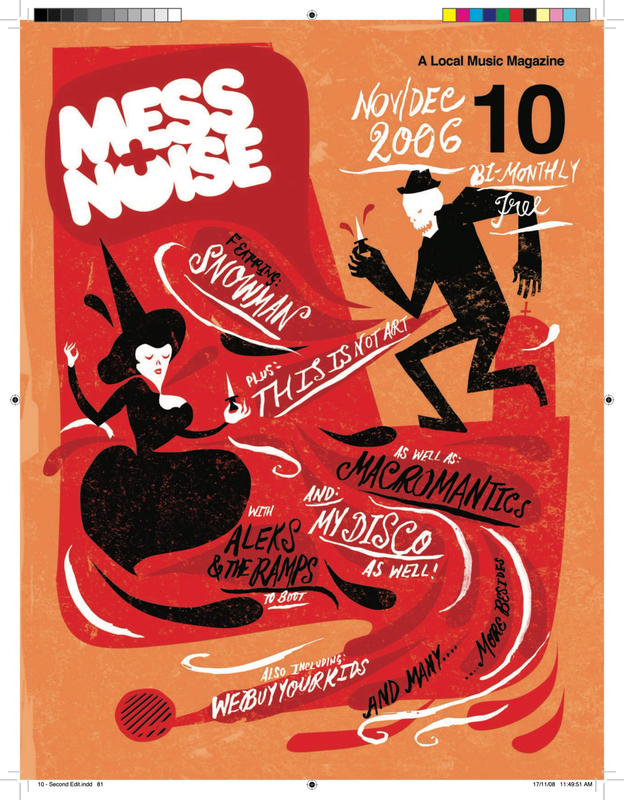 Mess+Noise magazine issue 10 cover, Nov/Dec 2006: hand-lettered red poster illustration with dancing figures