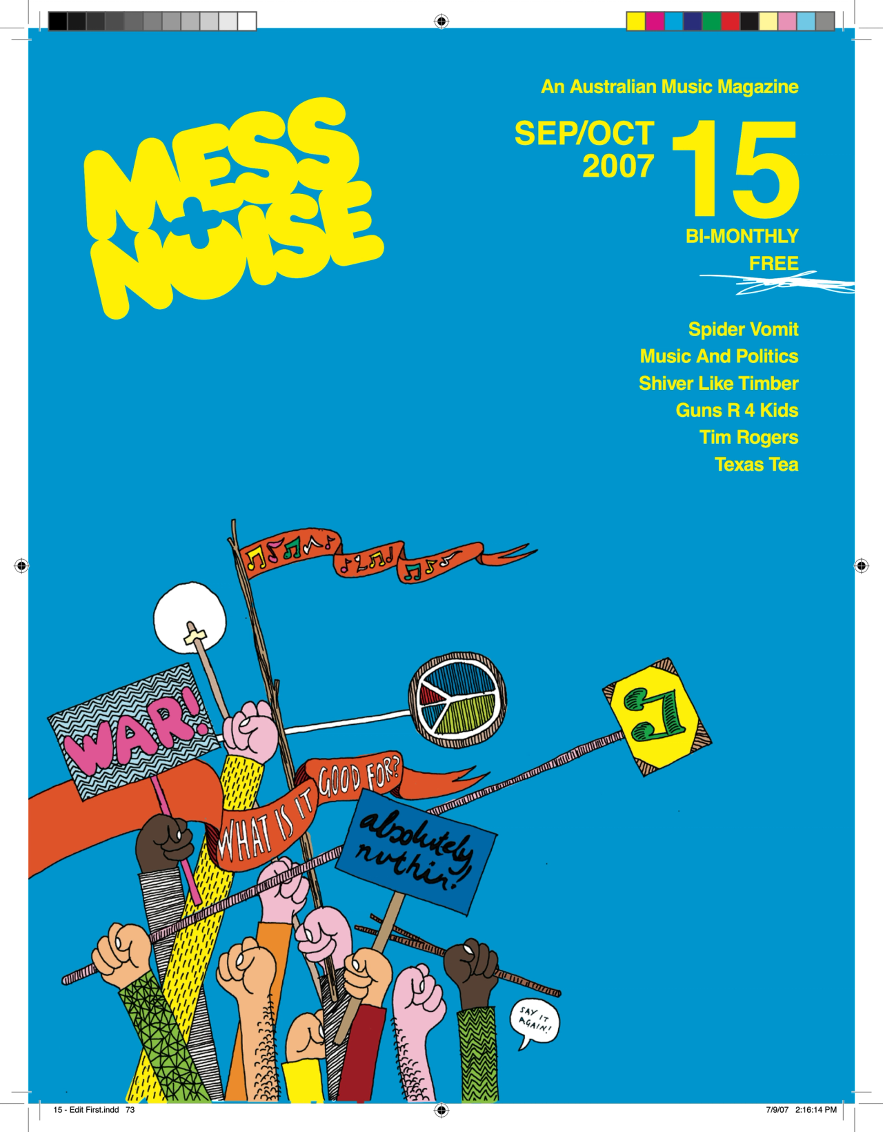 Mess+Noise magazine issue 15 cover, Sep/Oct 2007: illustration of raised fists and protest flags on blue