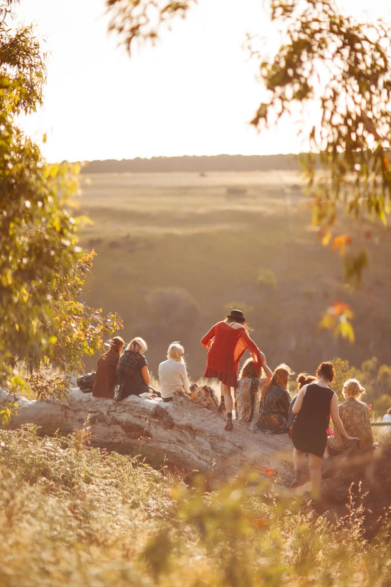 Festival-goers on a grassy hillside at golden hour