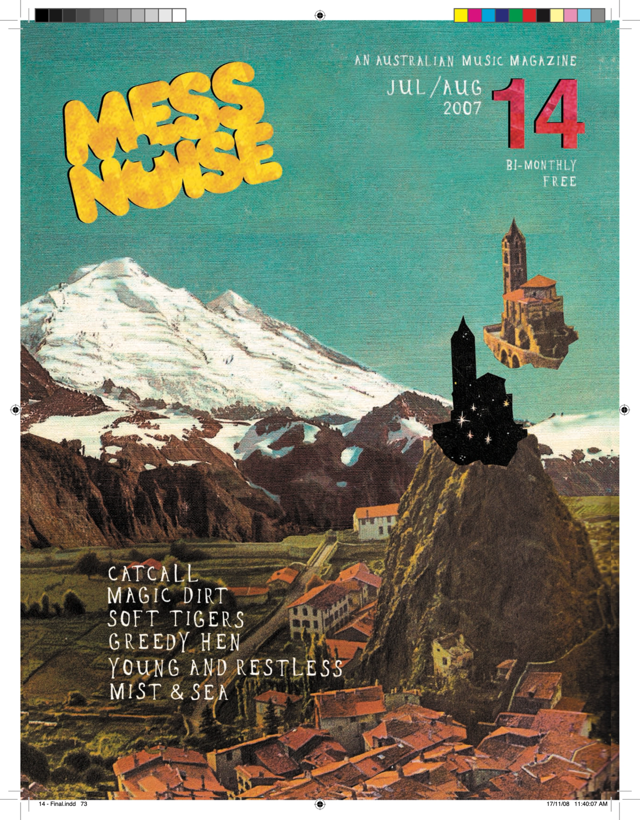 Mess+Noise magazine issue 14 cover, Jul/Aug 2007: collage of a snow-capped mountain crowned by a stone tower