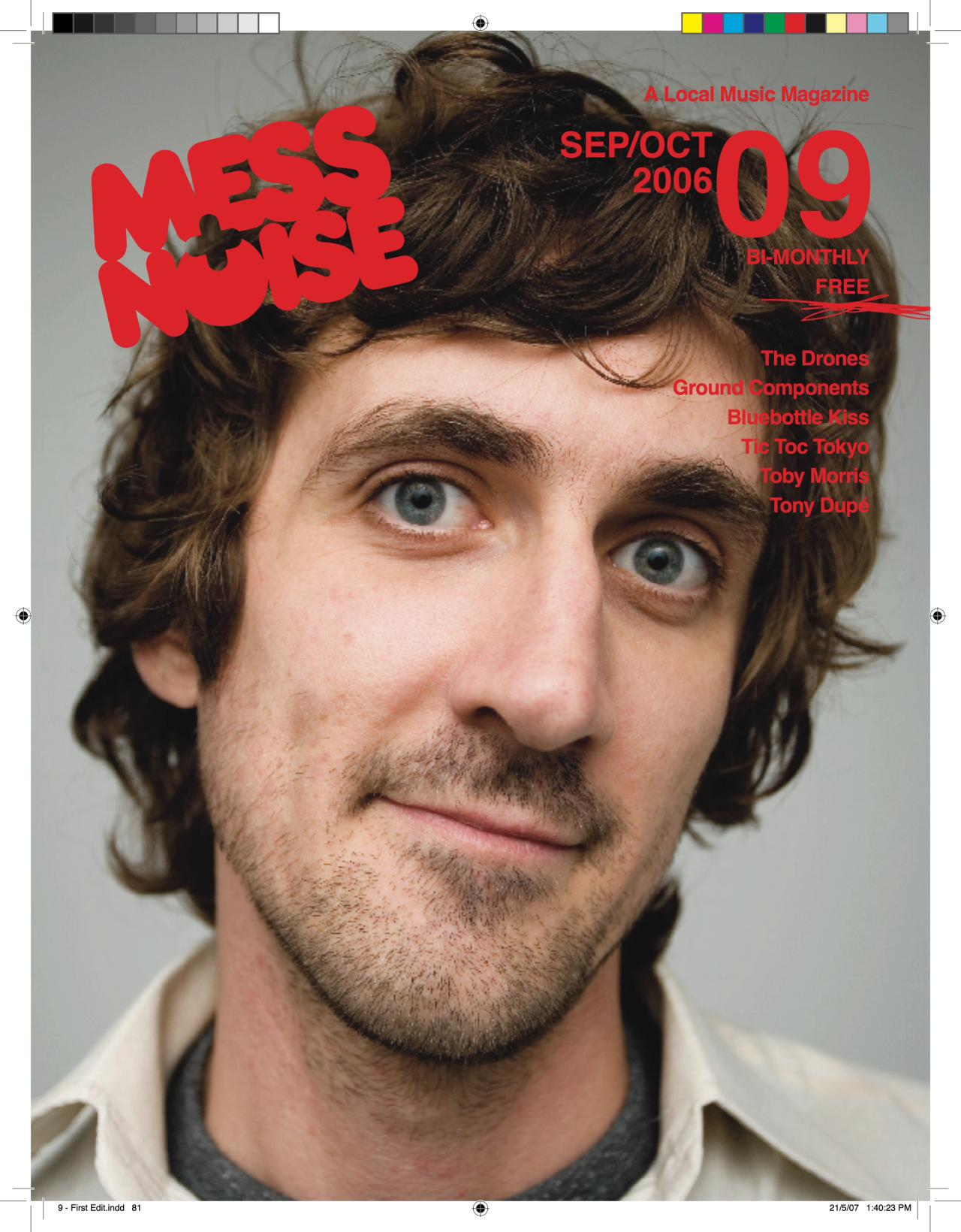 Mess+Noise magazine issue 09 cover, Sep/Oct 2006: close-up portrait of a curly-haired, bearded man