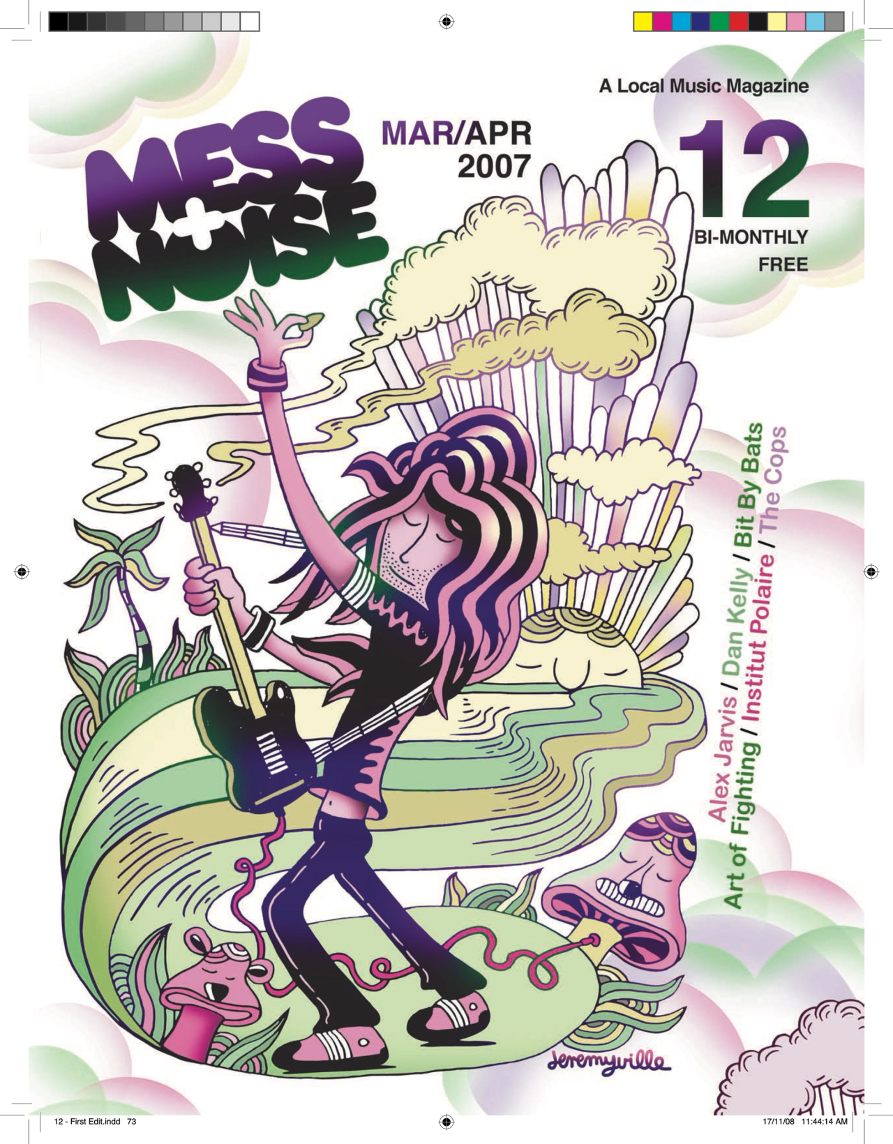 Mess+Noise magazine issue 12 cover, Mar/Apr 2007: psychedelic illustration of a guitarist in a landscape of giant mushrooms