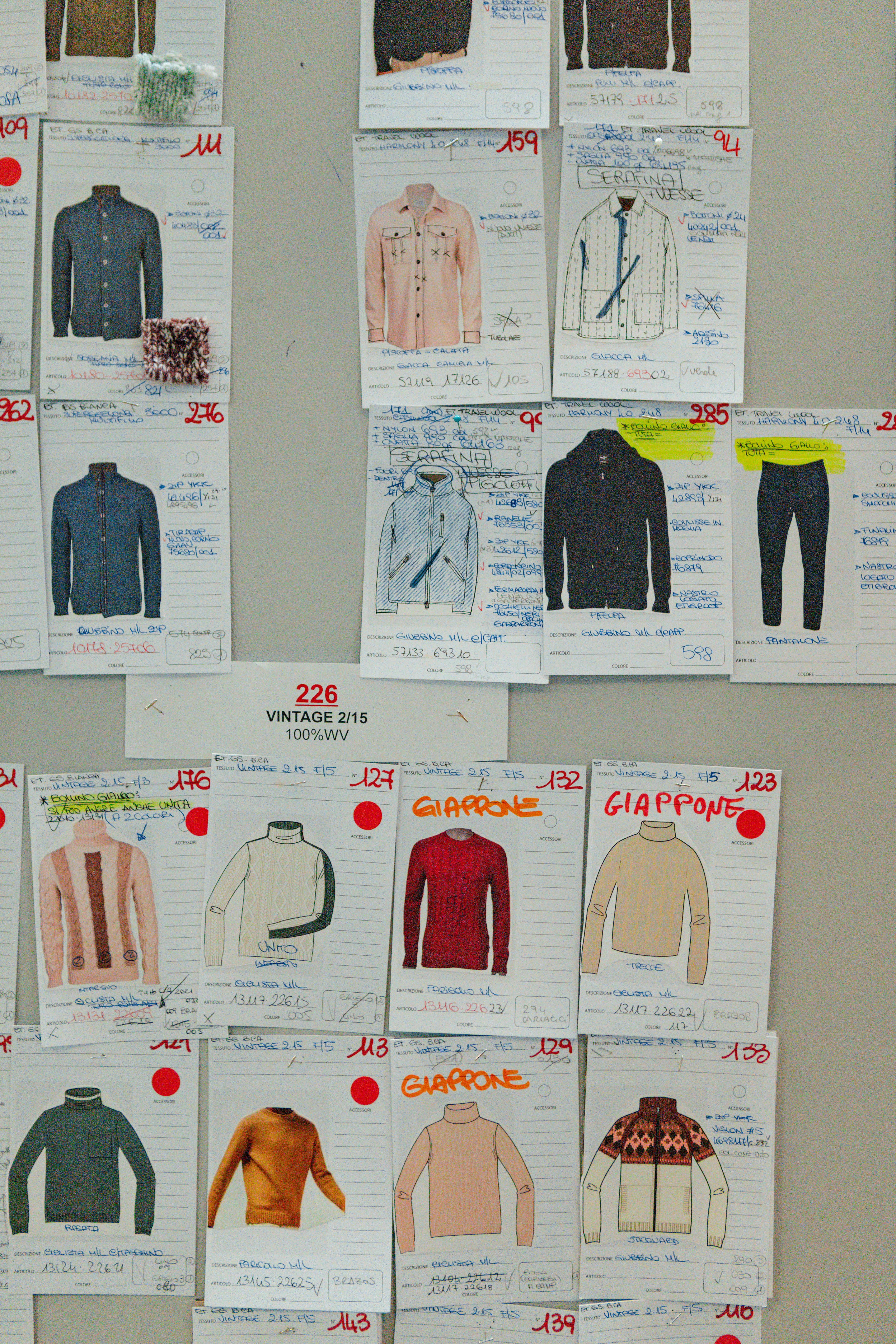 A wall board pinned with technical garment sketches and specification sheets