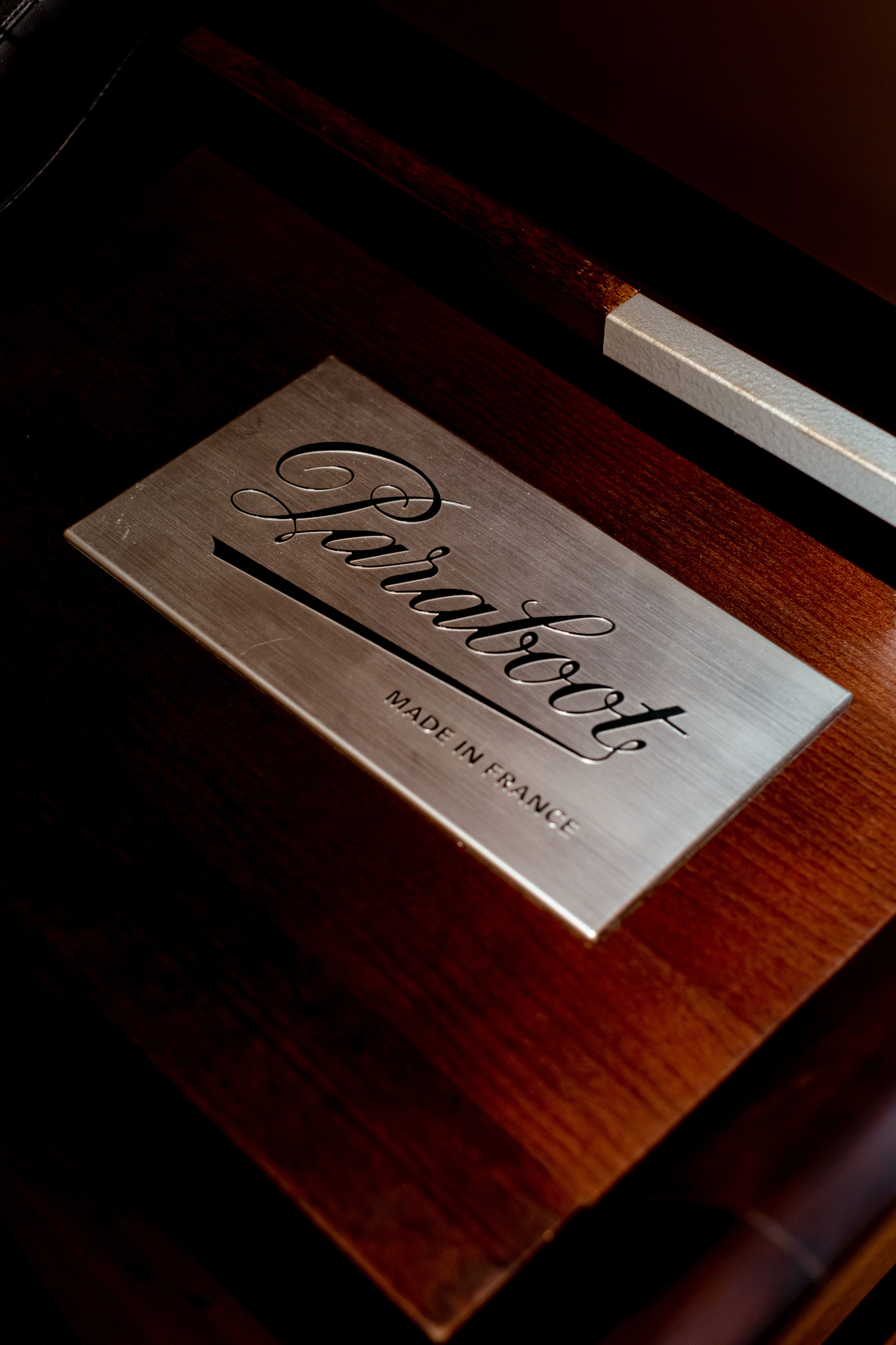 Close-up of a Paraboot shoebox with embossed gold lettering