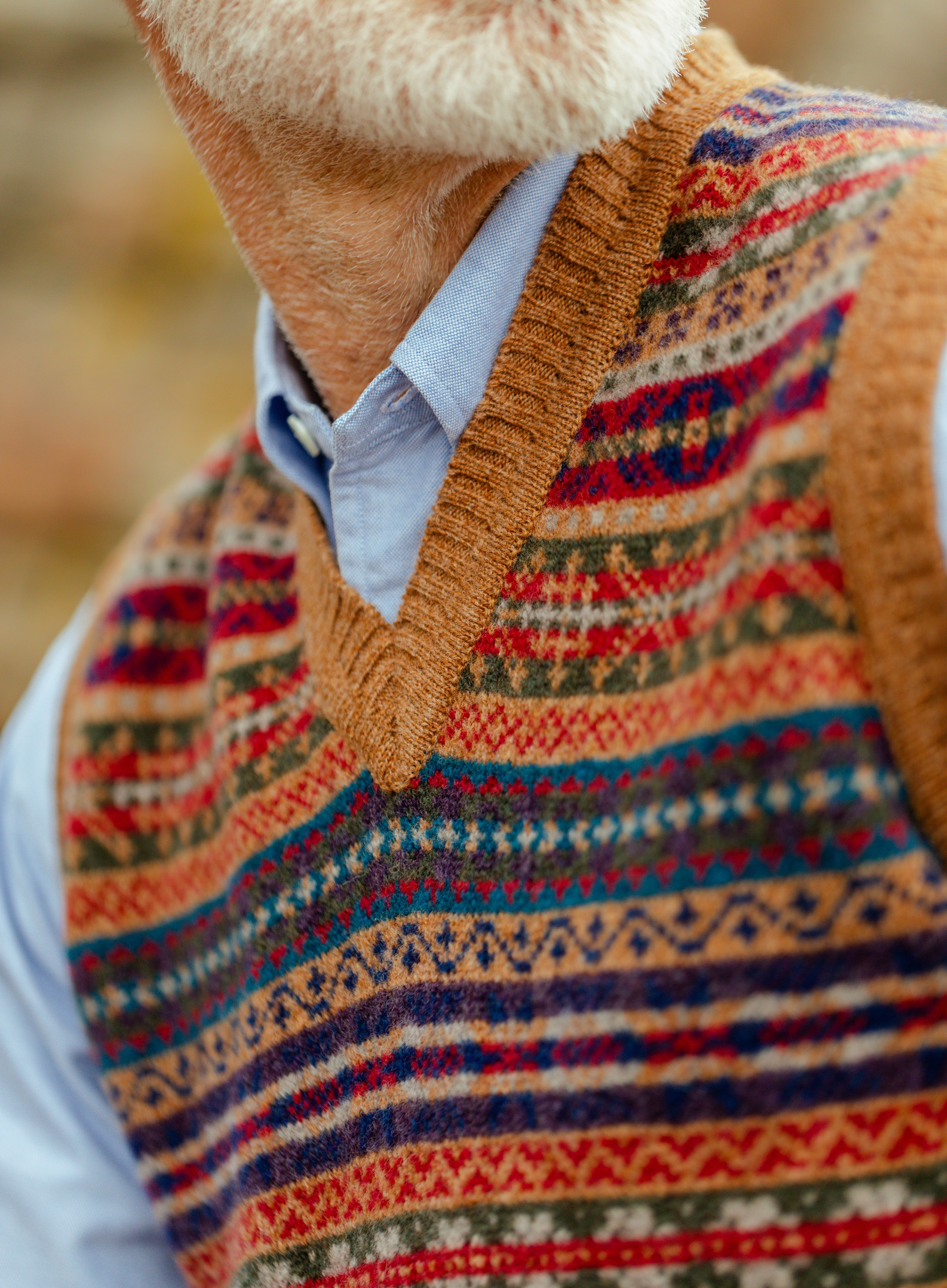 Close-up of a multicoloured Fair Isle knitted vest worn over a blue shirt