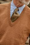 Close-up of a rust-coloured V-neck sweater worn over a shirt and patterned tie