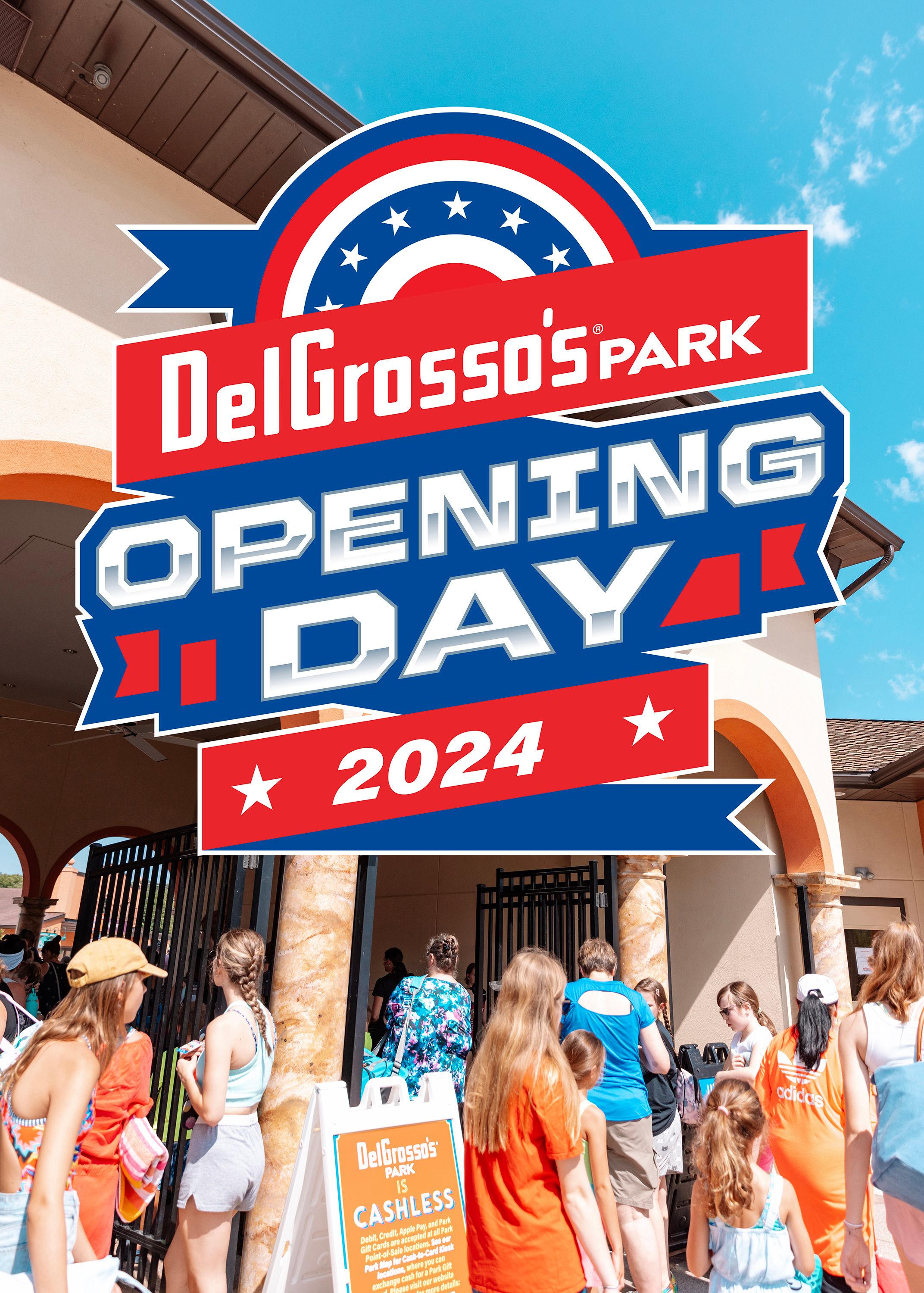 Opening Day 2024 text with families at entrance.