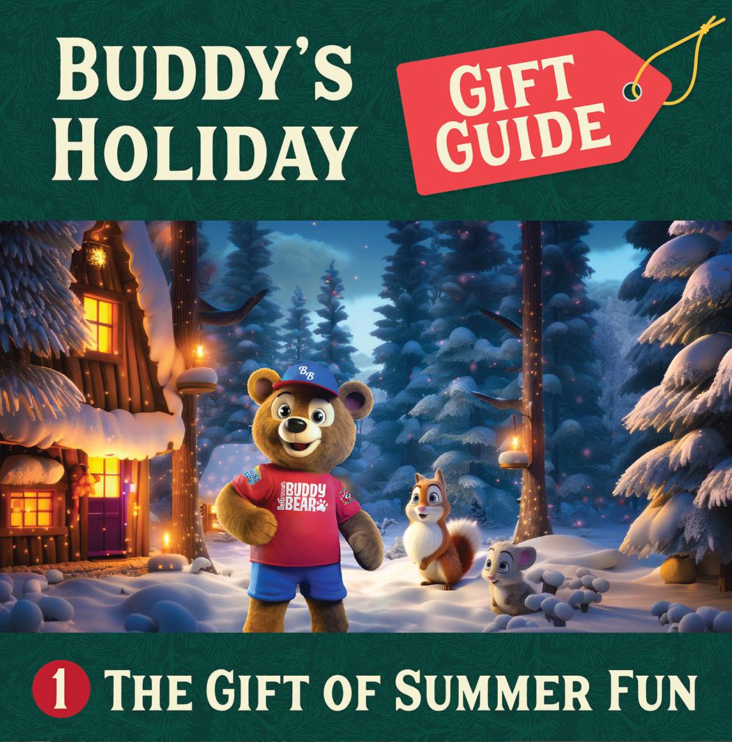 Buddy's Holiday Gift Guide Text and winter scene with Buddy Bear.