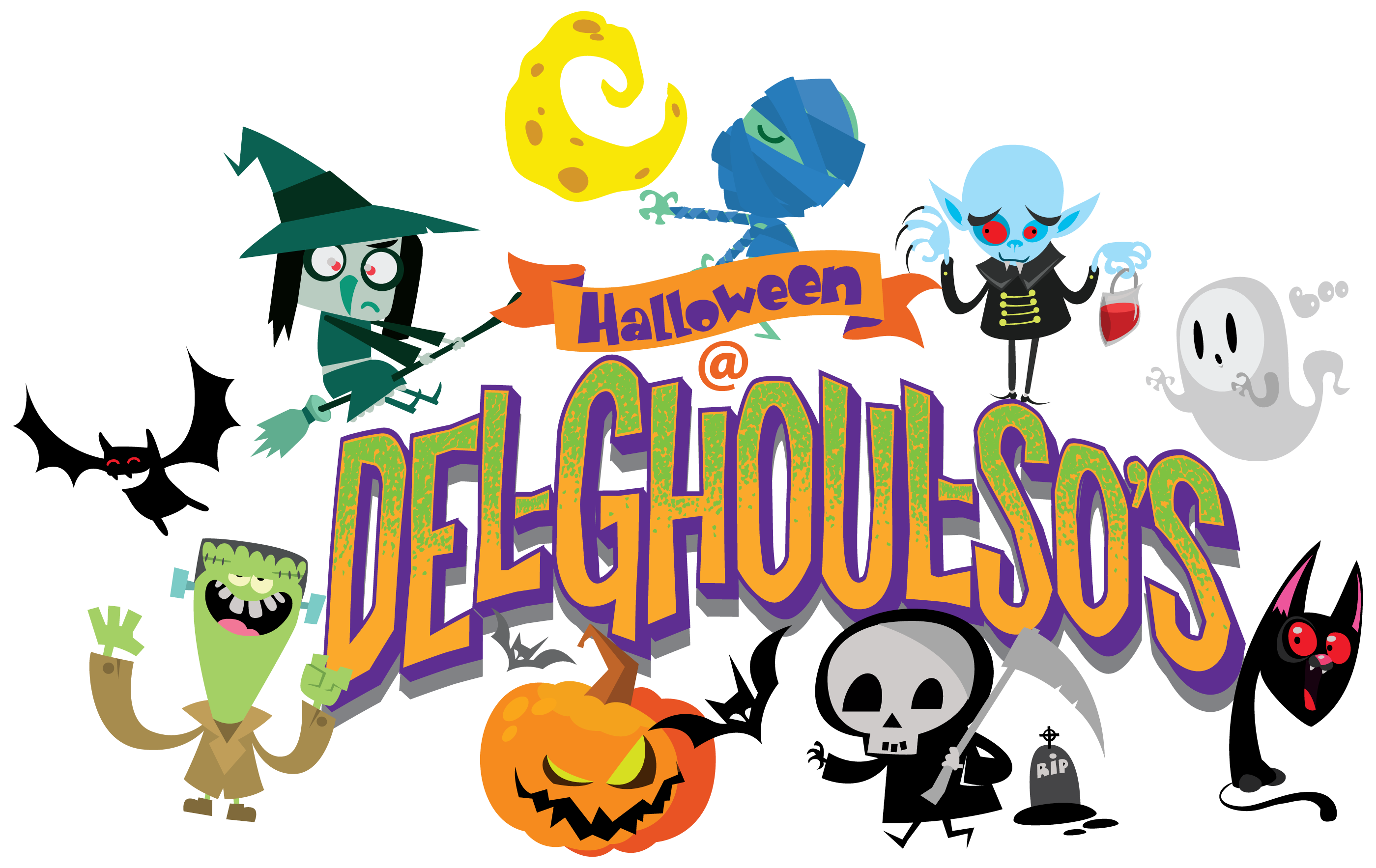 Halloween at Del-Ghoul-So's logo with characters surrounding