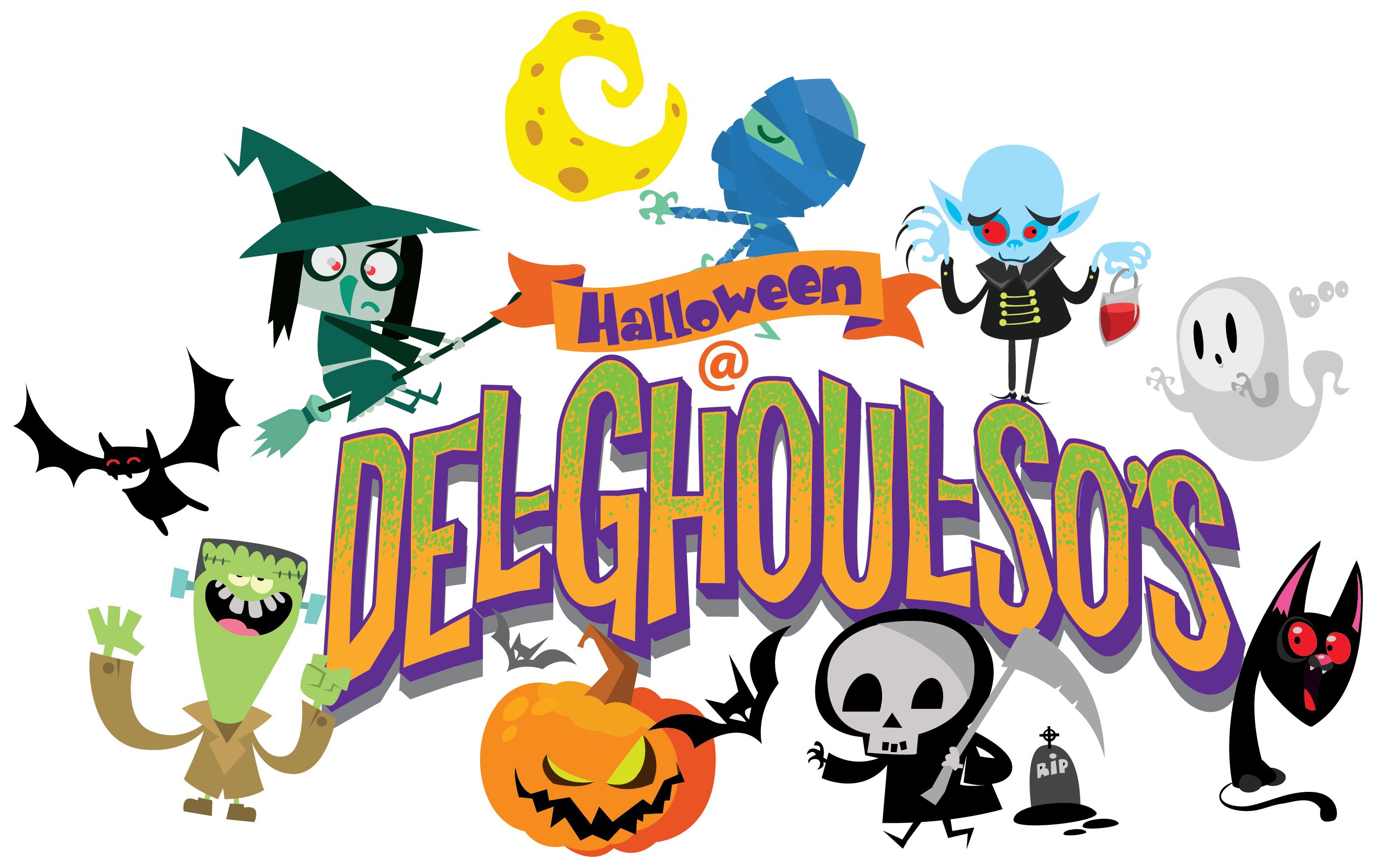 Del-Ghoul-So's logo with Halloween characters around the wording