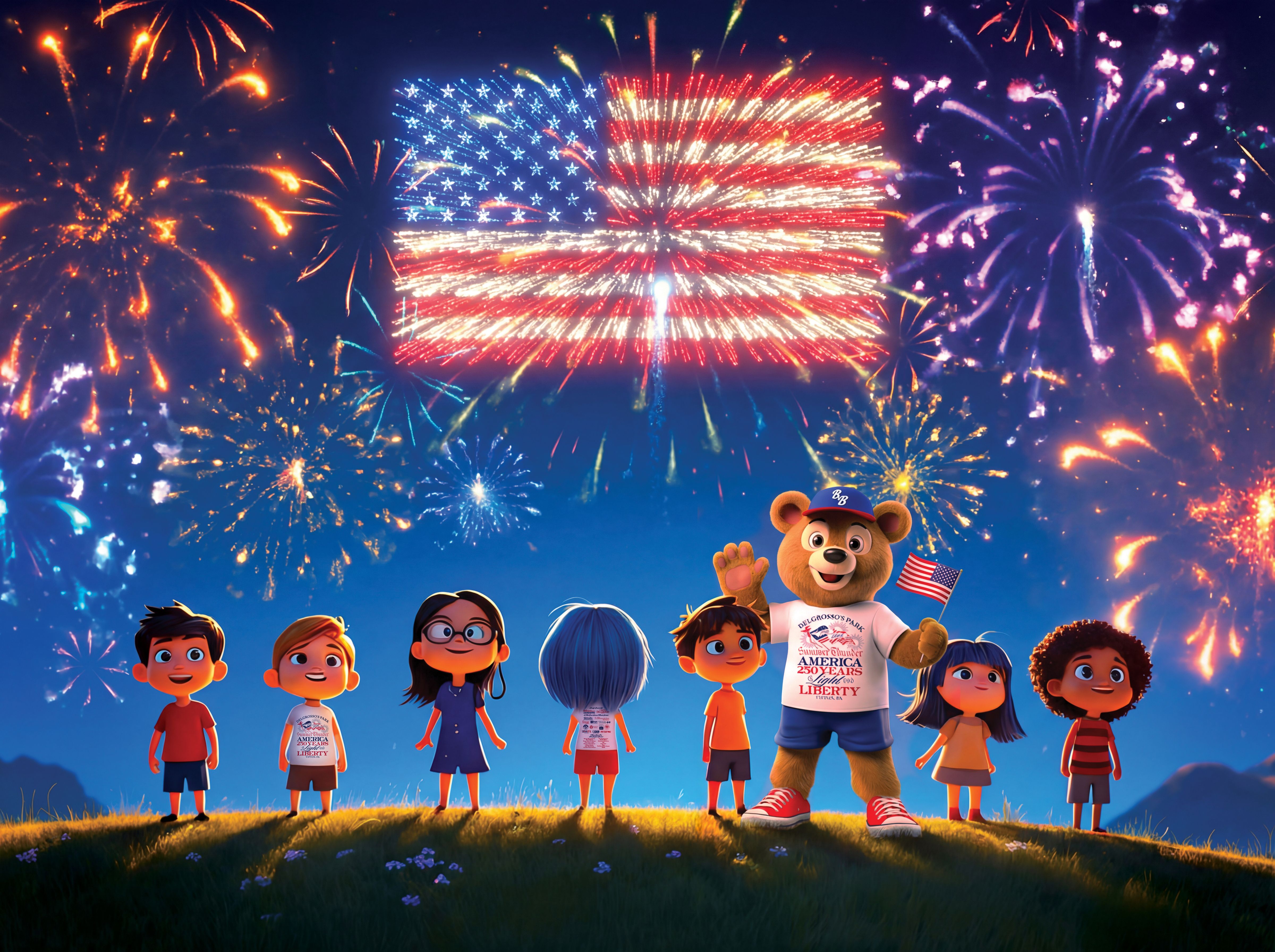 Image of Park Mascot Buddy Bear and kids watching Fireworks