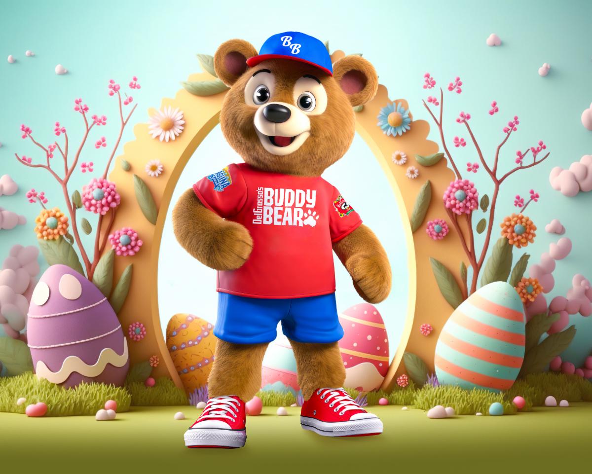DelGrosso's Mascot, Buddy Bear, standing in front of Easter Egg décor. 