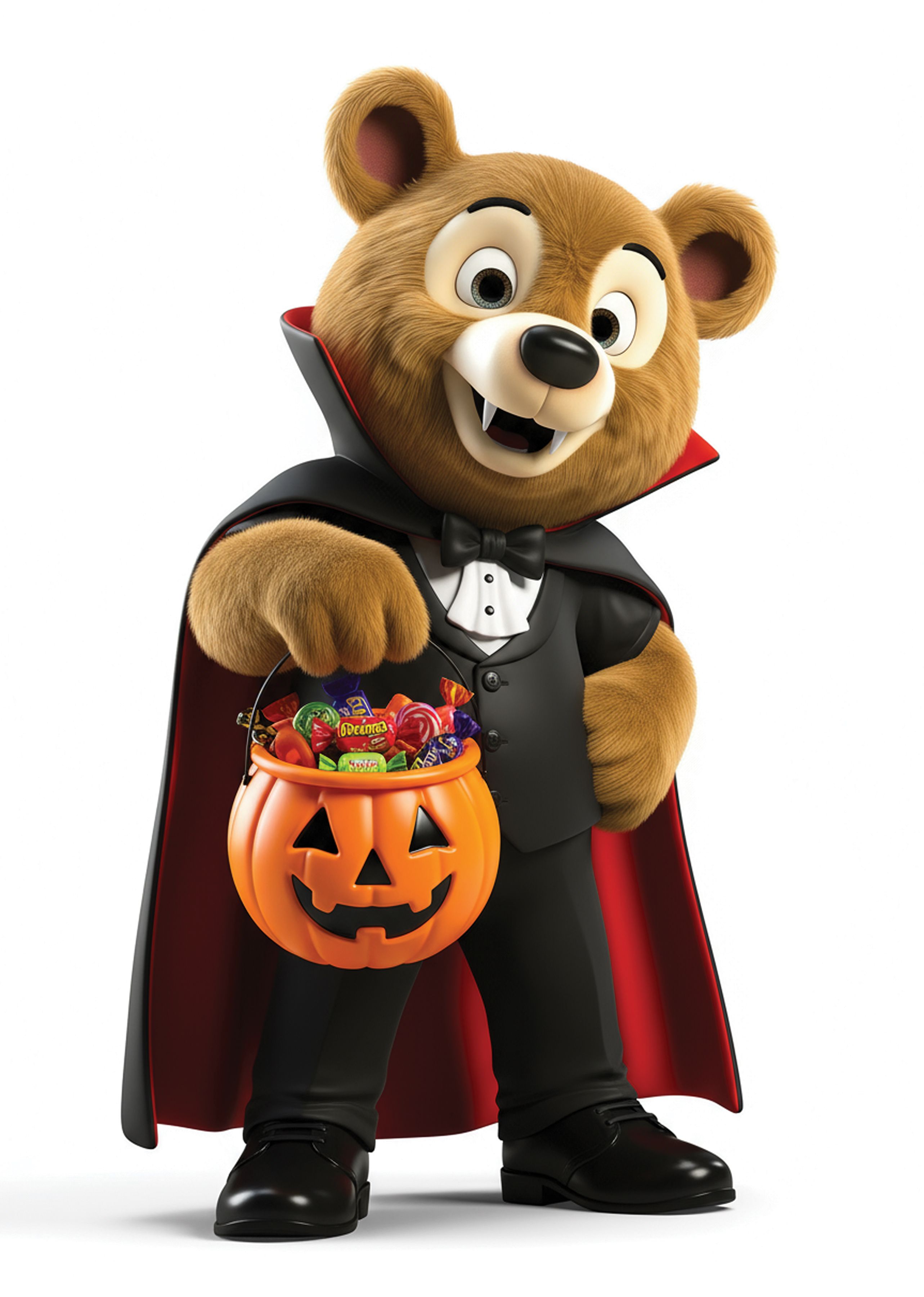 Park Mascot Buddy Bear dressed in a Dracula Costume