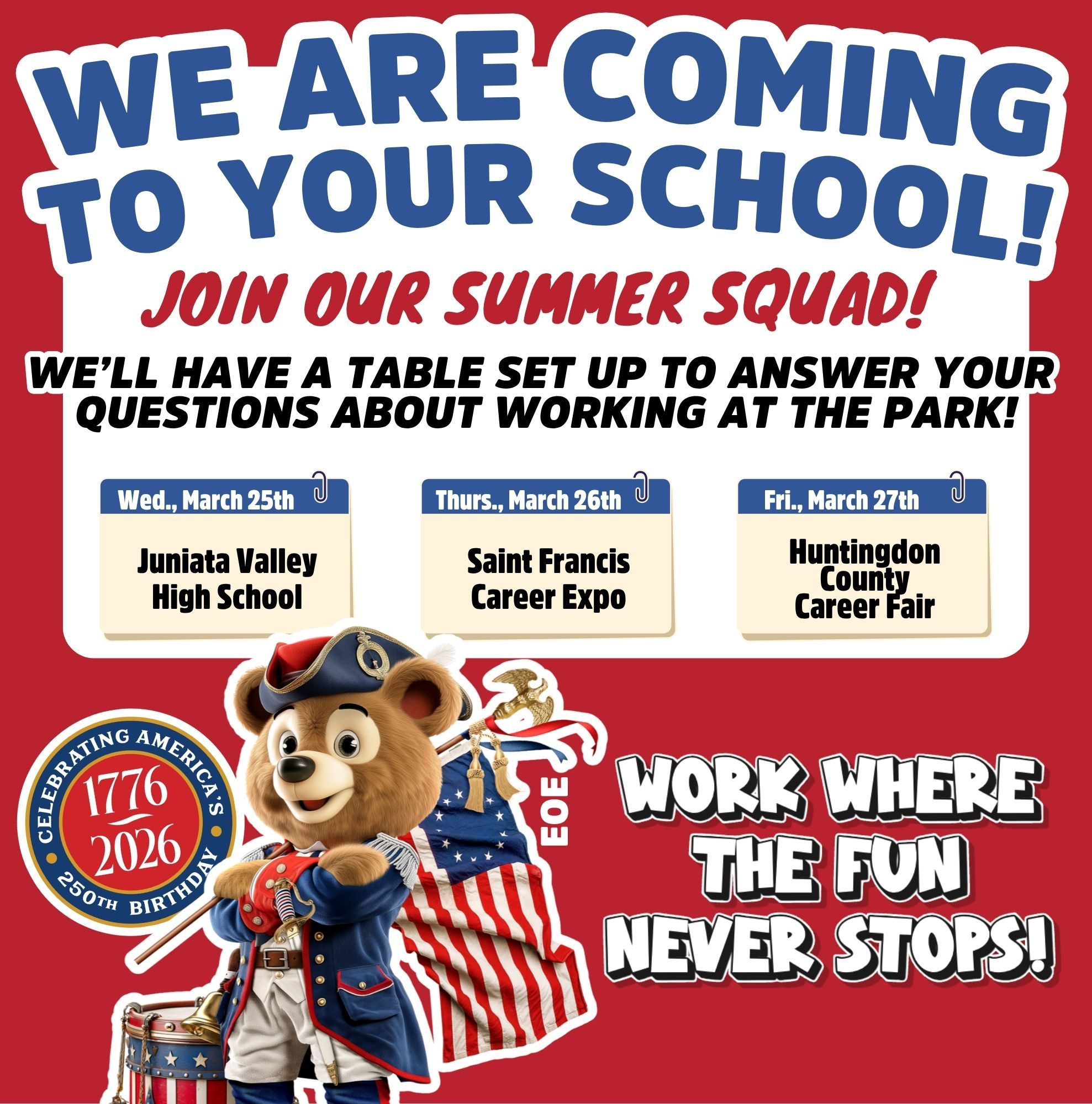 Calendar of school visits with Patriotic Buddy showing "We are coming to your school".