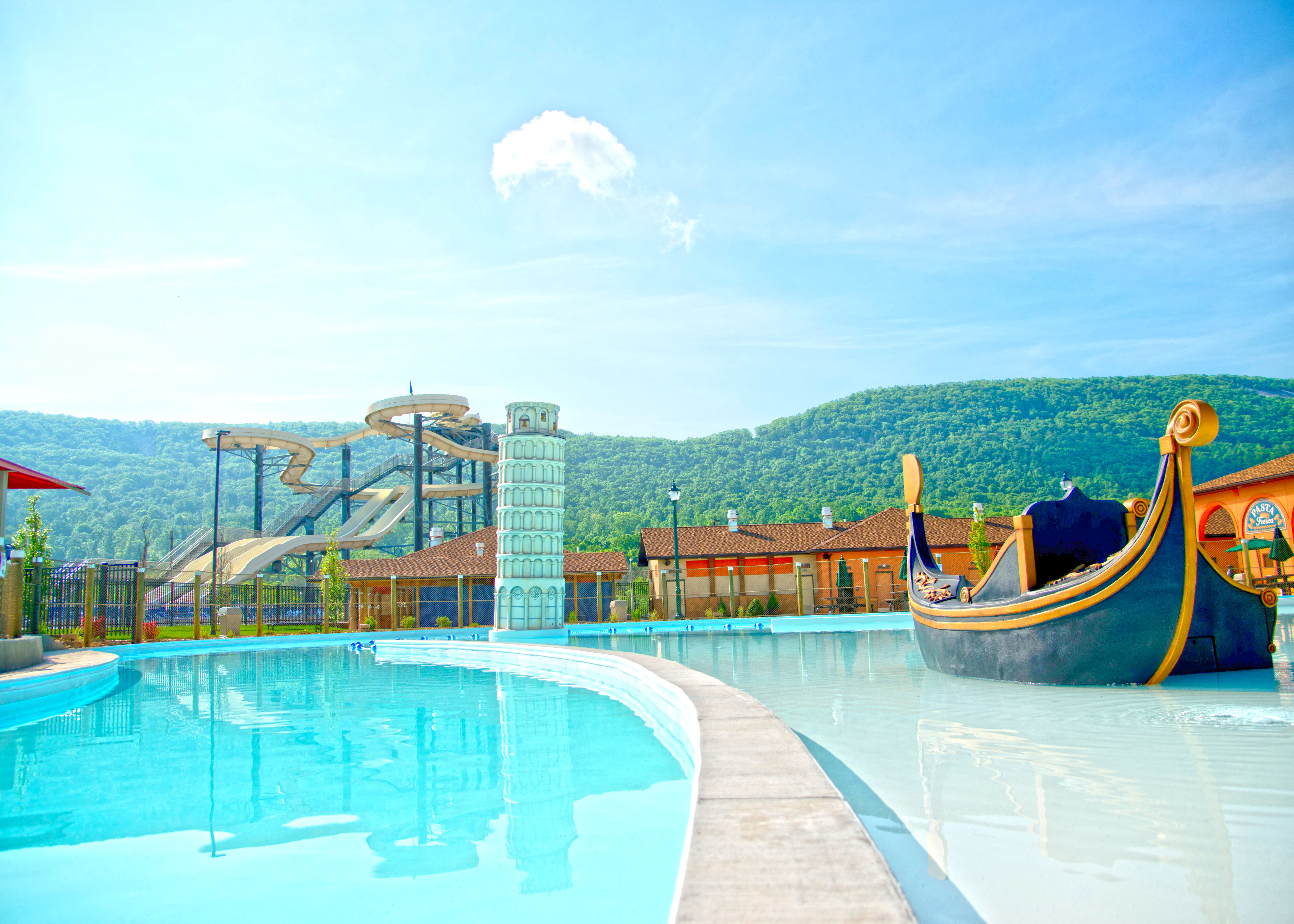 the Leaning Tower of Pisa water feature at Laguna Splash Water Park
