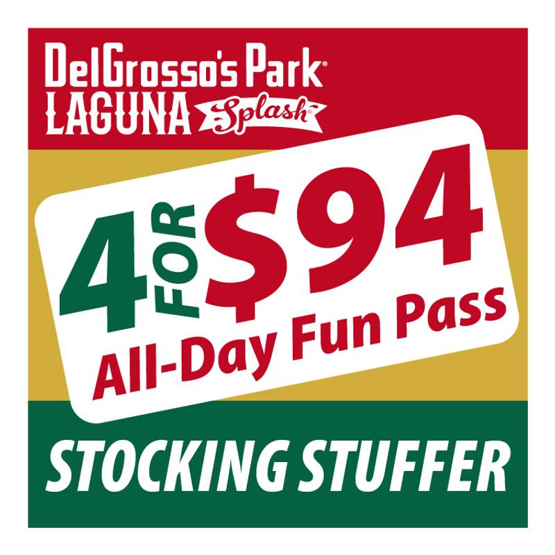 Badge showing Stocking Stuffer Sale! All-Day Fun Pass 4 for $94 online.