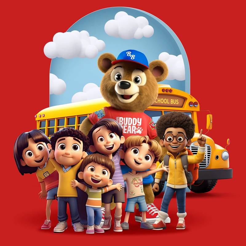 Graphic of cartoon kids and Buddy Bear with a bus behind them entering DelGrosso's Park.