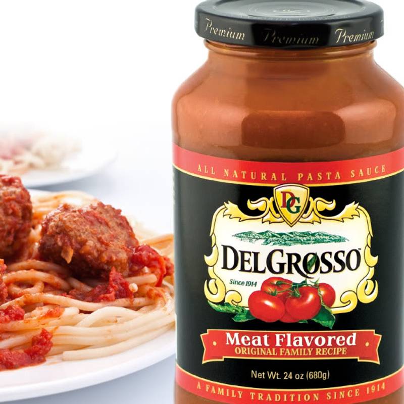 DelGrosso sauce jar and plate of spaghetti and meatballs