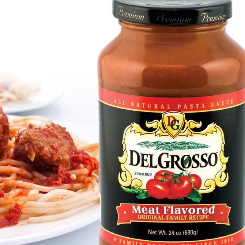 DelGrosso sauce jar and spaghetti and meatballs on plate