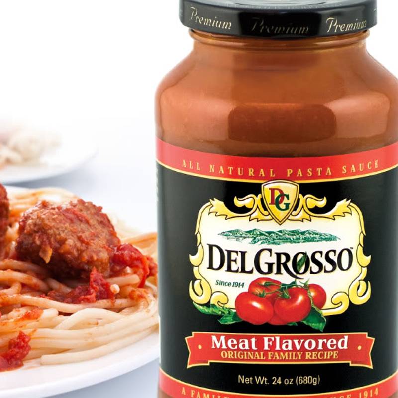 DelGrosso sauce jar and spaghetti and meatballs on plate