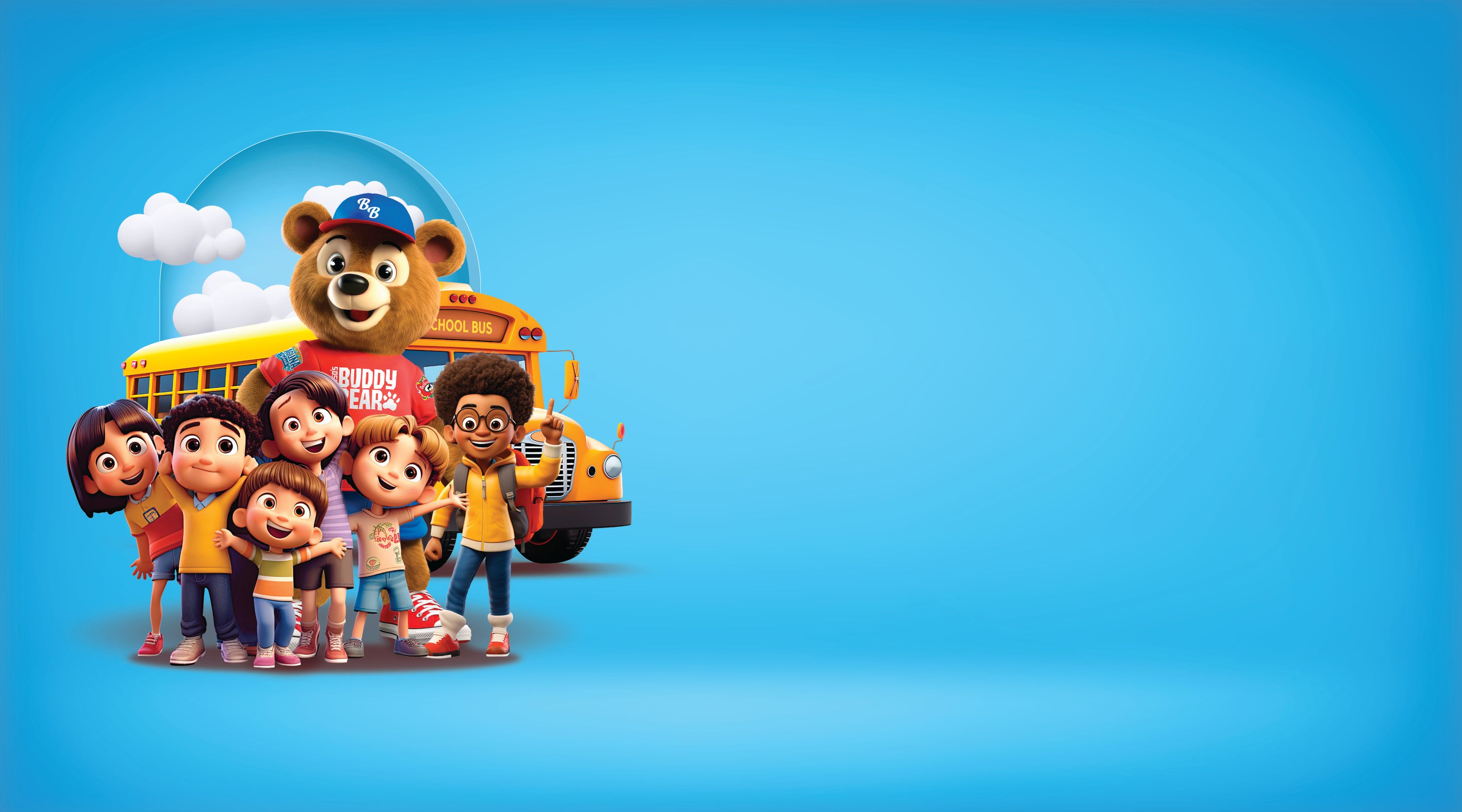 Graphic of cartoon kids and Buddy Bear with a bus behind them entering DelGrosso's Park.