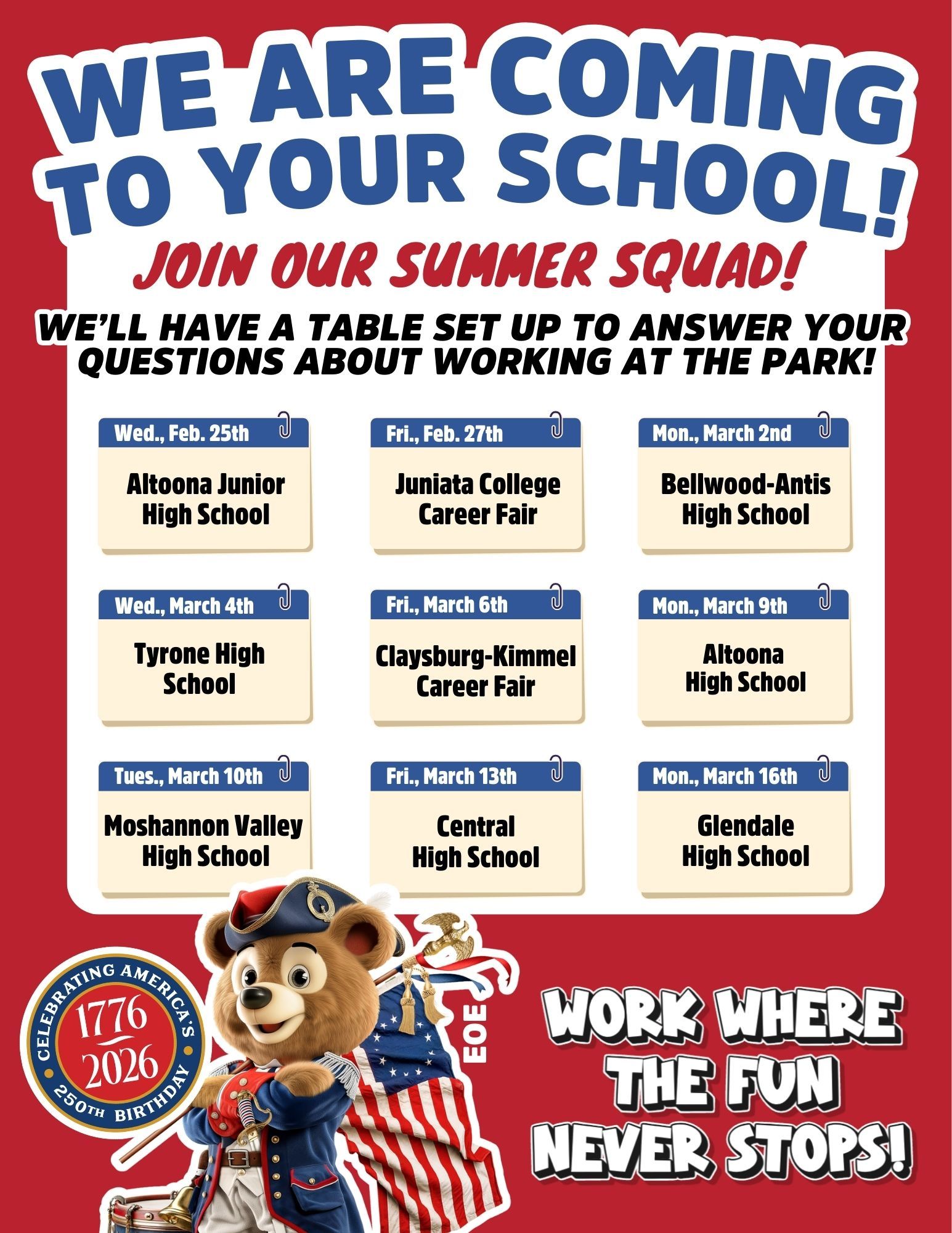 Calendar of school visits with Patriotic Buddy showing "We are coming to your school".