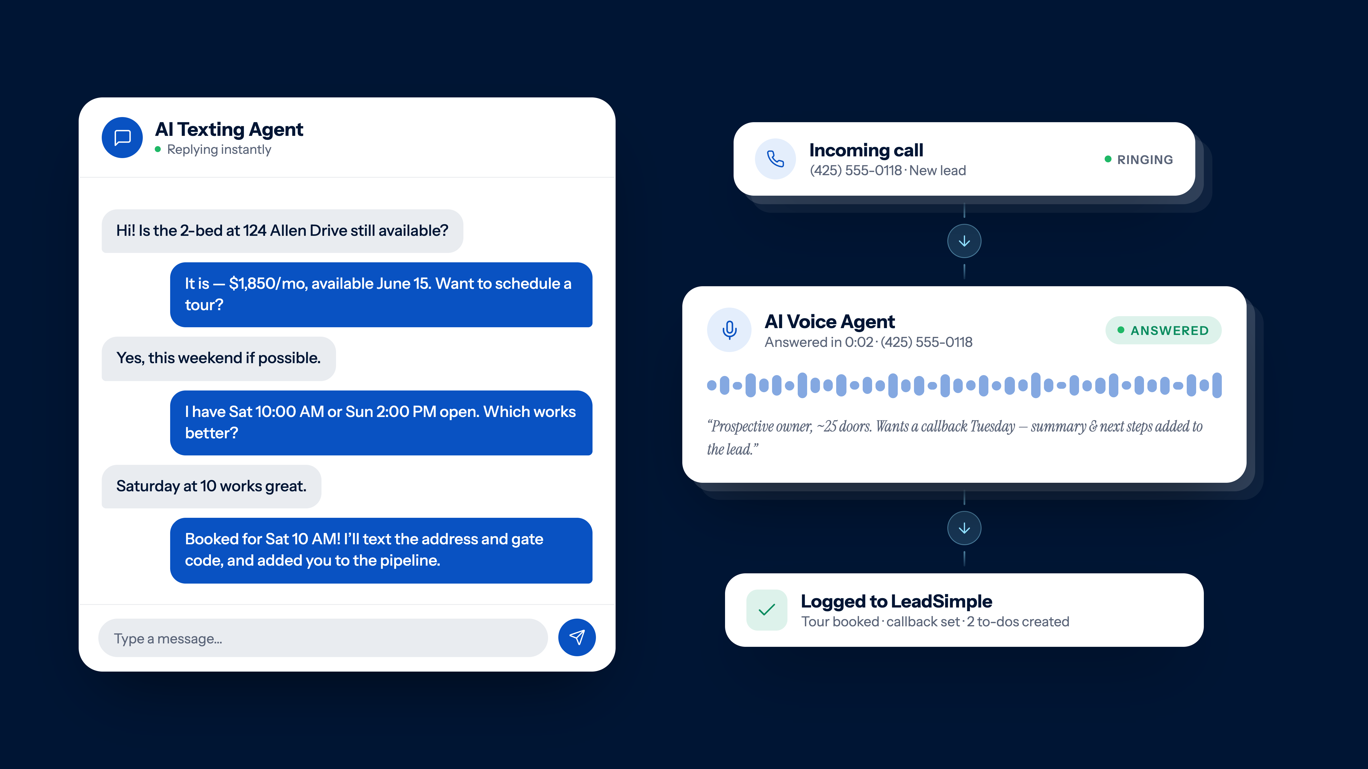 LeadSimple AI texting agent and voice agent screenshots