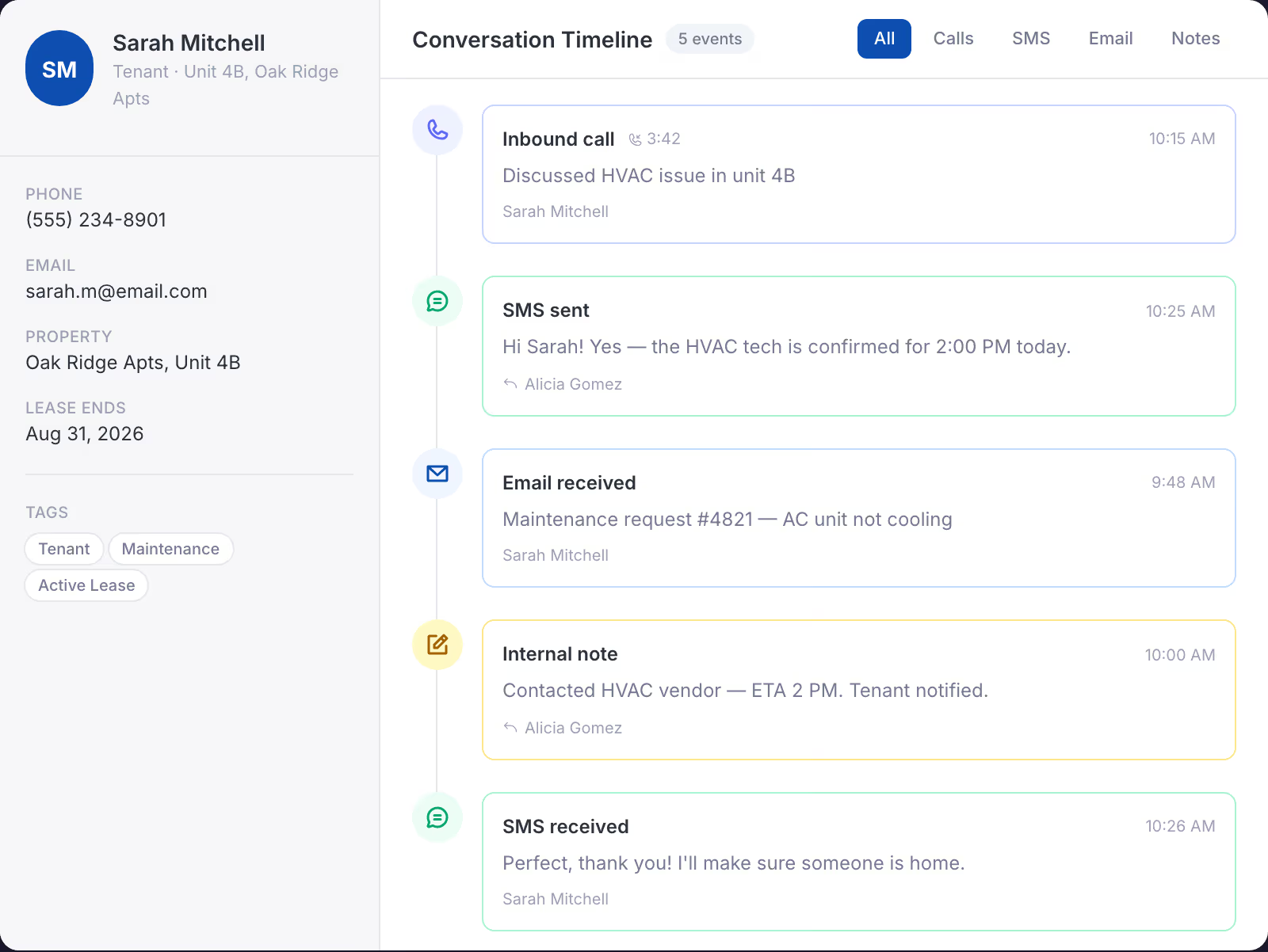 LeadSimple Phone + Inbox contact communication timeline
