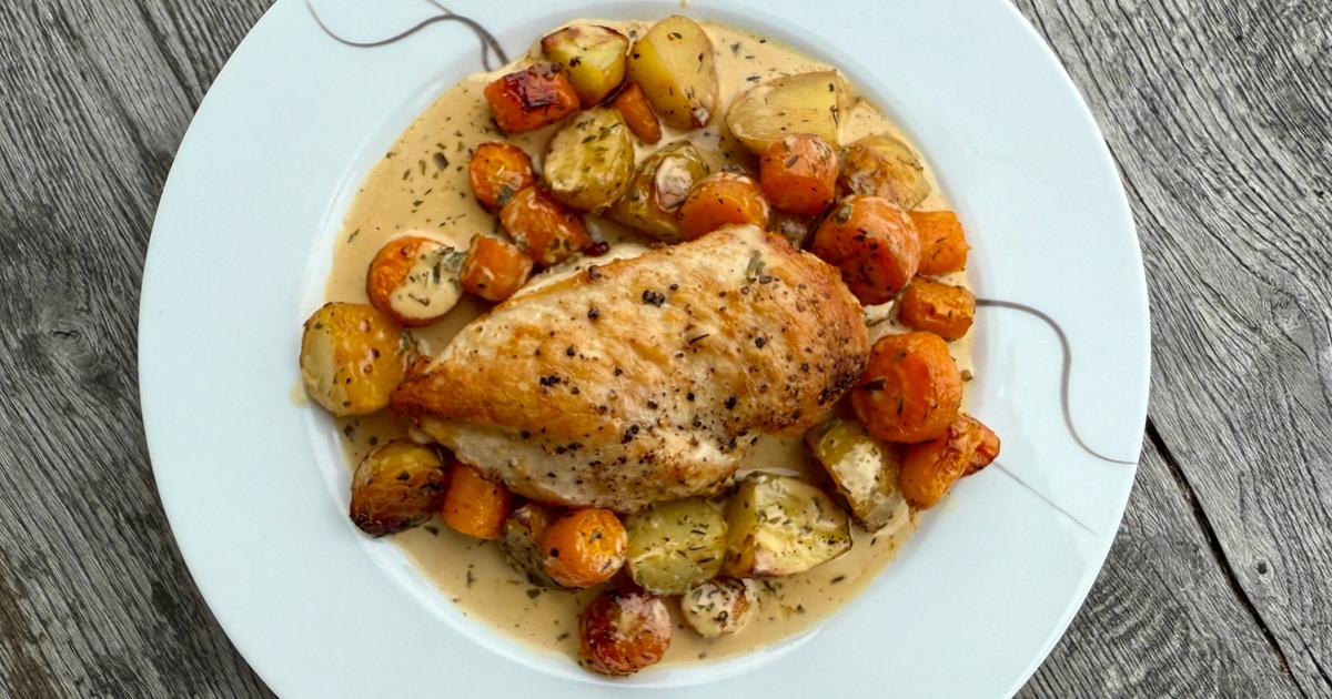 Kyllingfilet med ovnstekte grønnsaker og estragonsaus