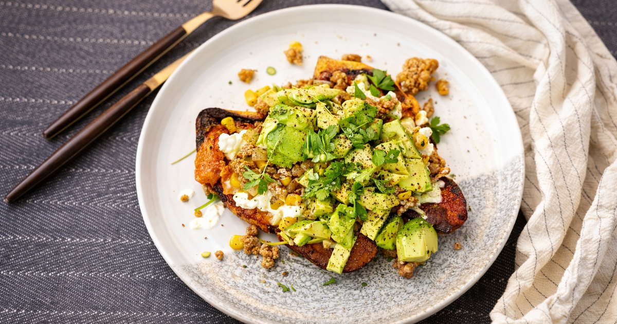 Søtpotet med avokado og cottage cheese