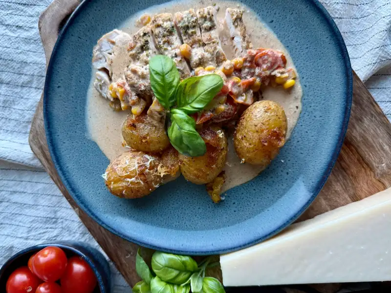Kylling med tomater og mais i fløtesaus