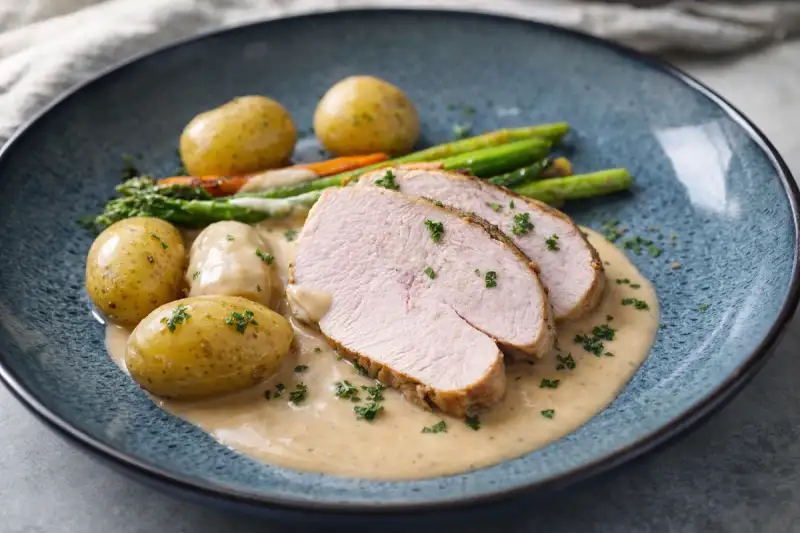 Sous vide kalkunbryst med fløtesaus og ovnsbakte grønnsaker