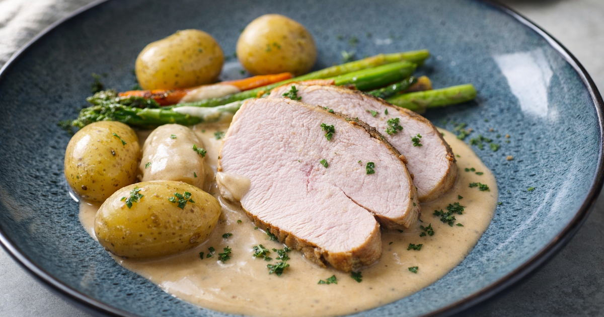 Sous vide kalkunbryst med fløtesaus og ovnsbakte grønnsaker