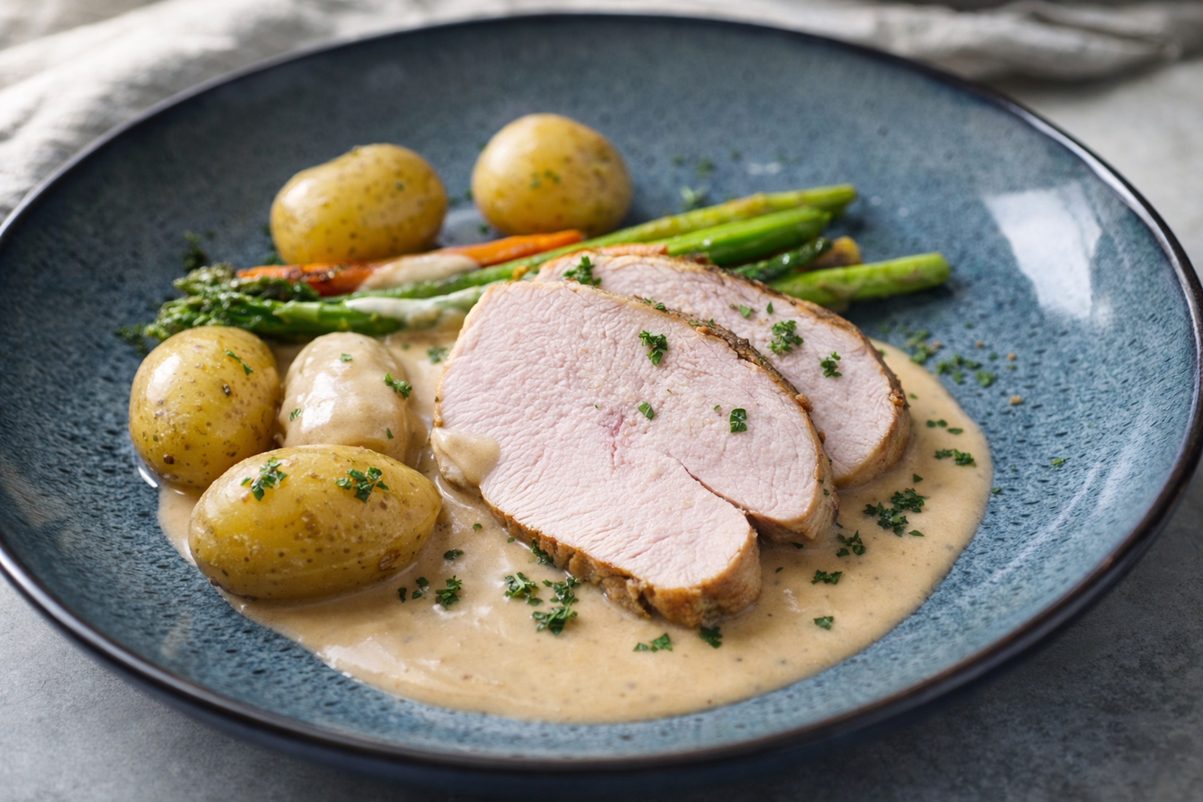 Sous vide kalkunbryst med fløtesaus og ovnsbakte grønnsaker