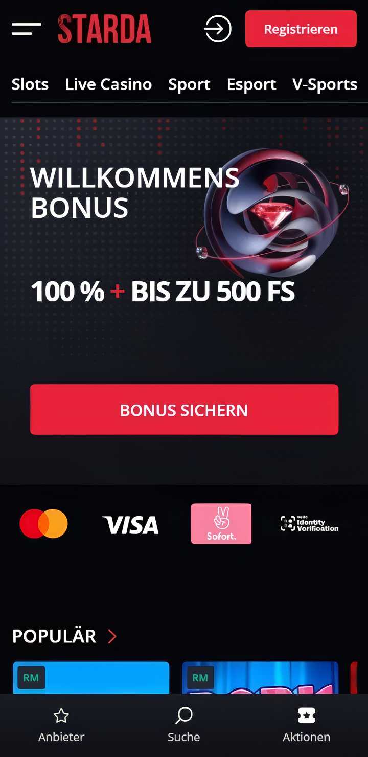 Starda Casino Mobile App Screenshot mit Bonusanzeige
