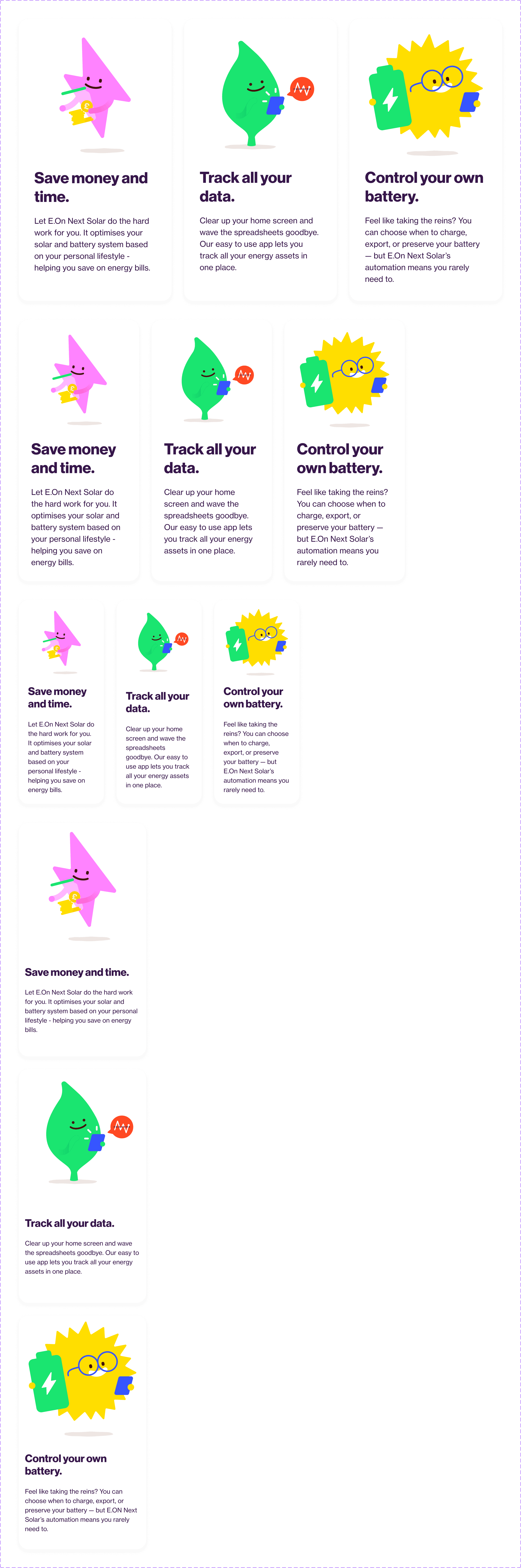 Three rows of feature cards at decreasing sizes: Save money and time (pink character), Track all your data (green leaf character) and Control your own battery (yellow sun character), each with a short description.
