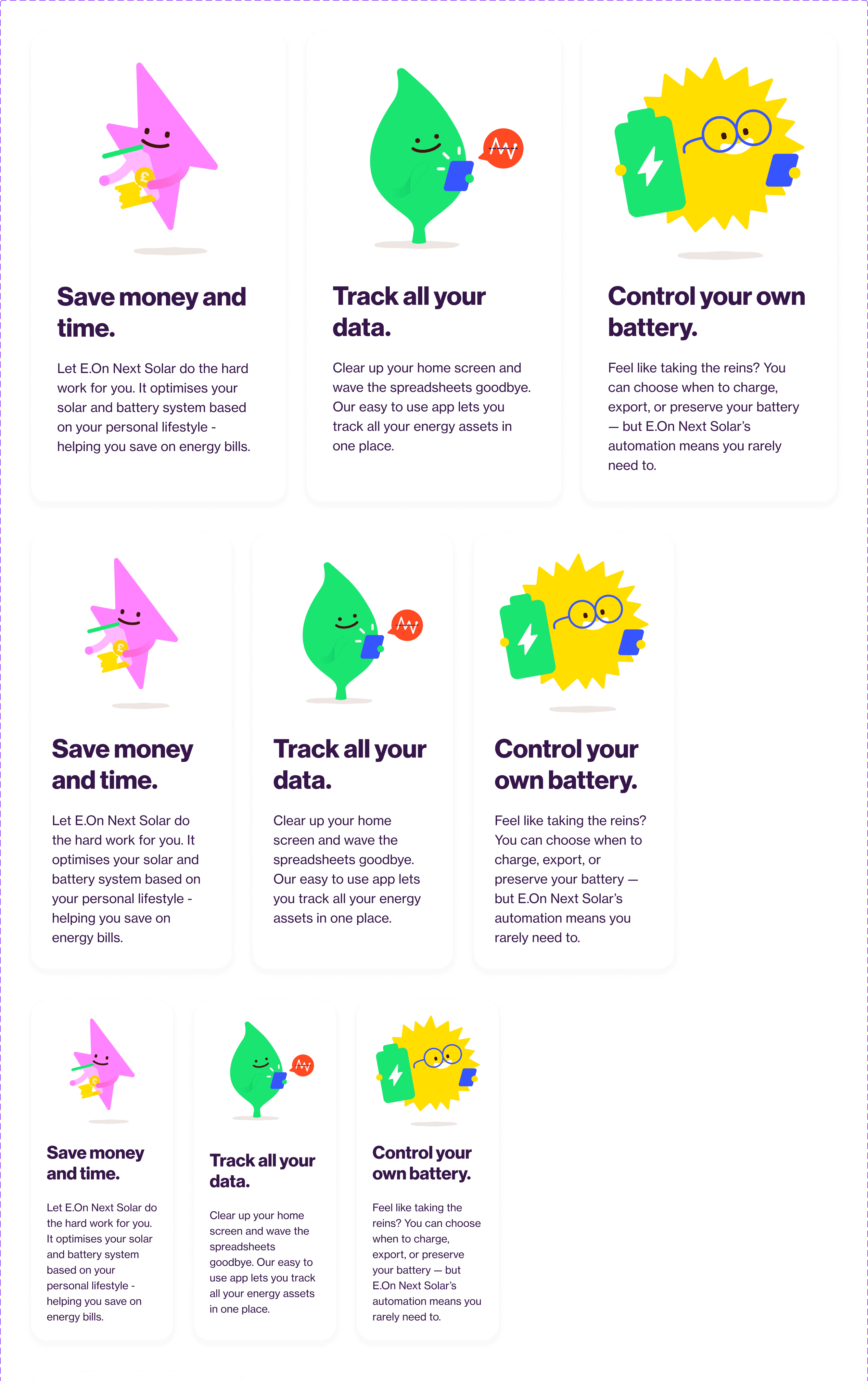 Three rows of feature cards at decreasing sizes: Save money and time (pink character), Track all your data (green leaf character) and Control your own battery (yellow sun character), each with a short description.