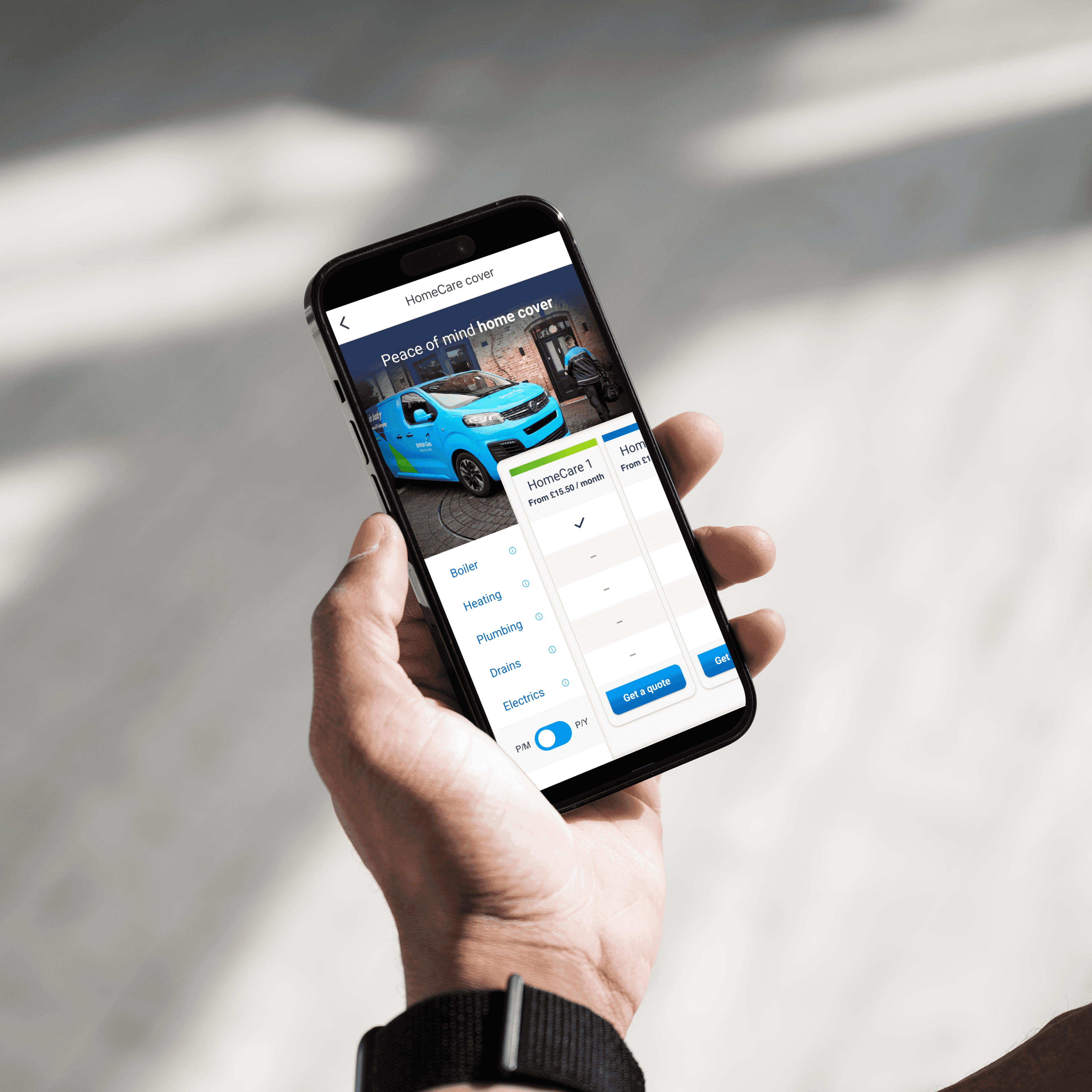 Person holding a phone, showing a prototype of the Homecare journey