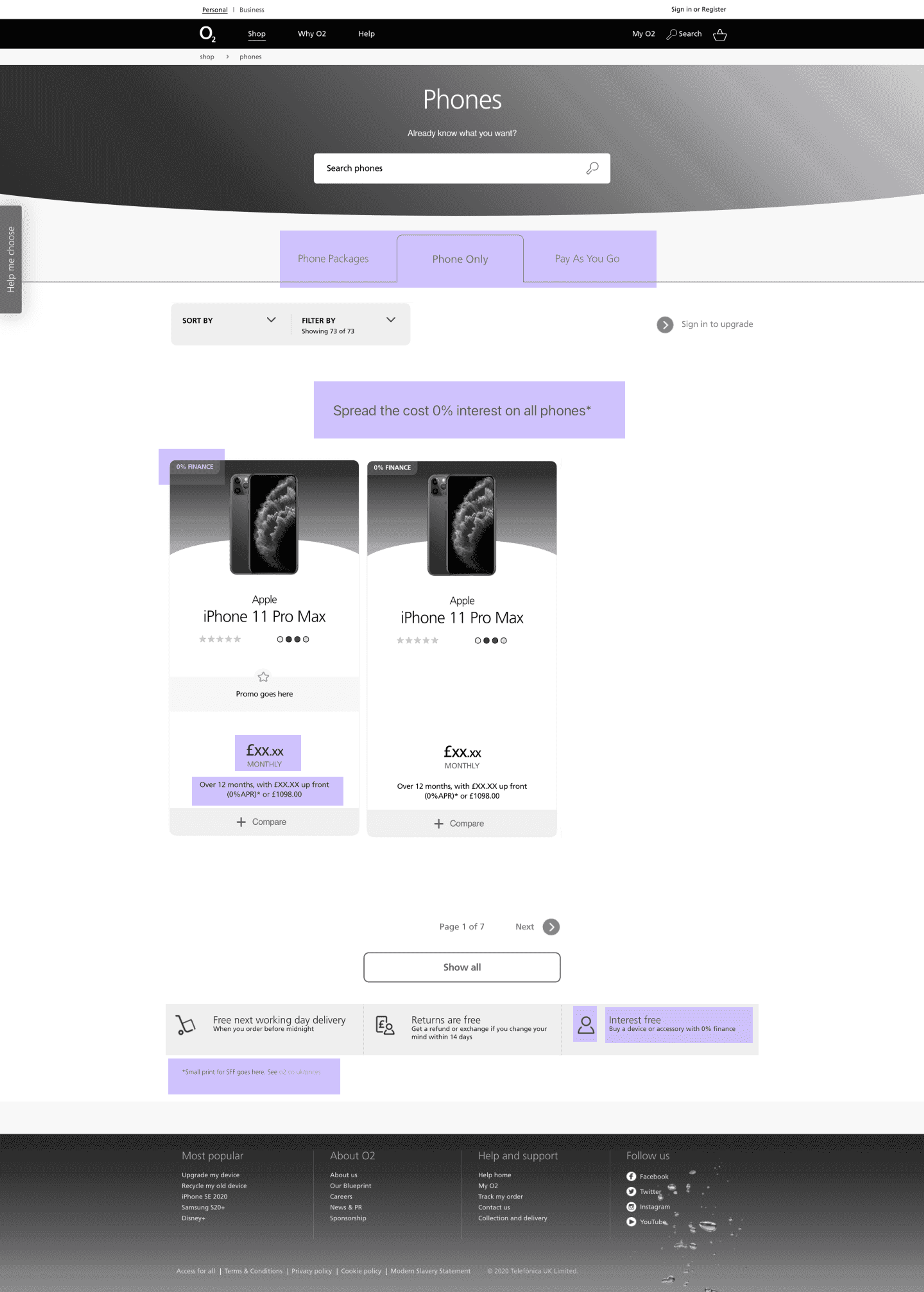 Wireframe of the O2 phones shop page with the tabs Phone Packages, Phone Only and Pay As You Go highlighted, and two iPhone 11 Pro Max product cards with placeholder prices.