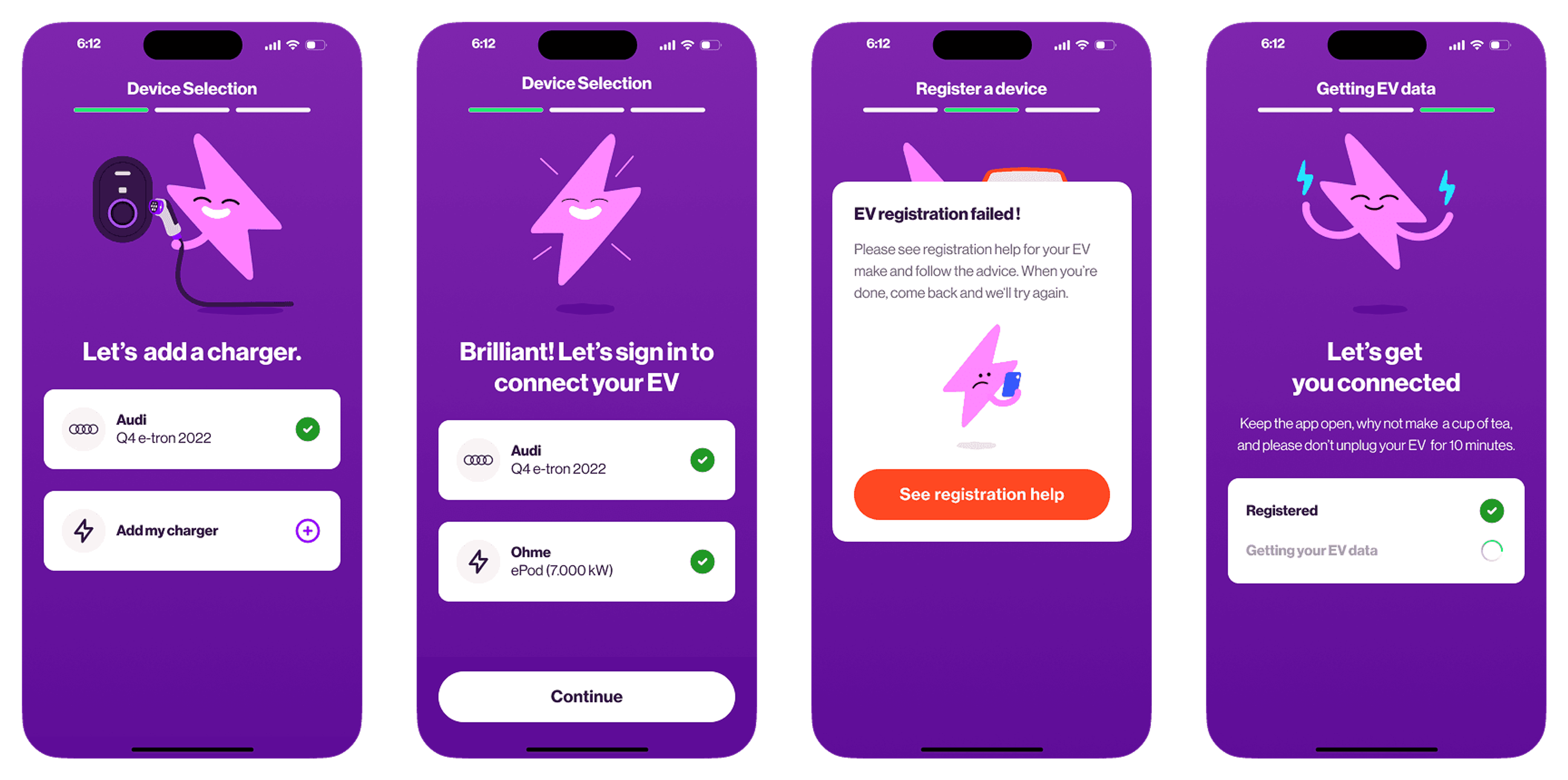 Four-screen EV app flow: choosing a device with an Audi Q4 e-tron 2022 added, signing in to connect an EV with the Audi and an Ohme ePod charger, an EV registration failed message, and getting EV data.