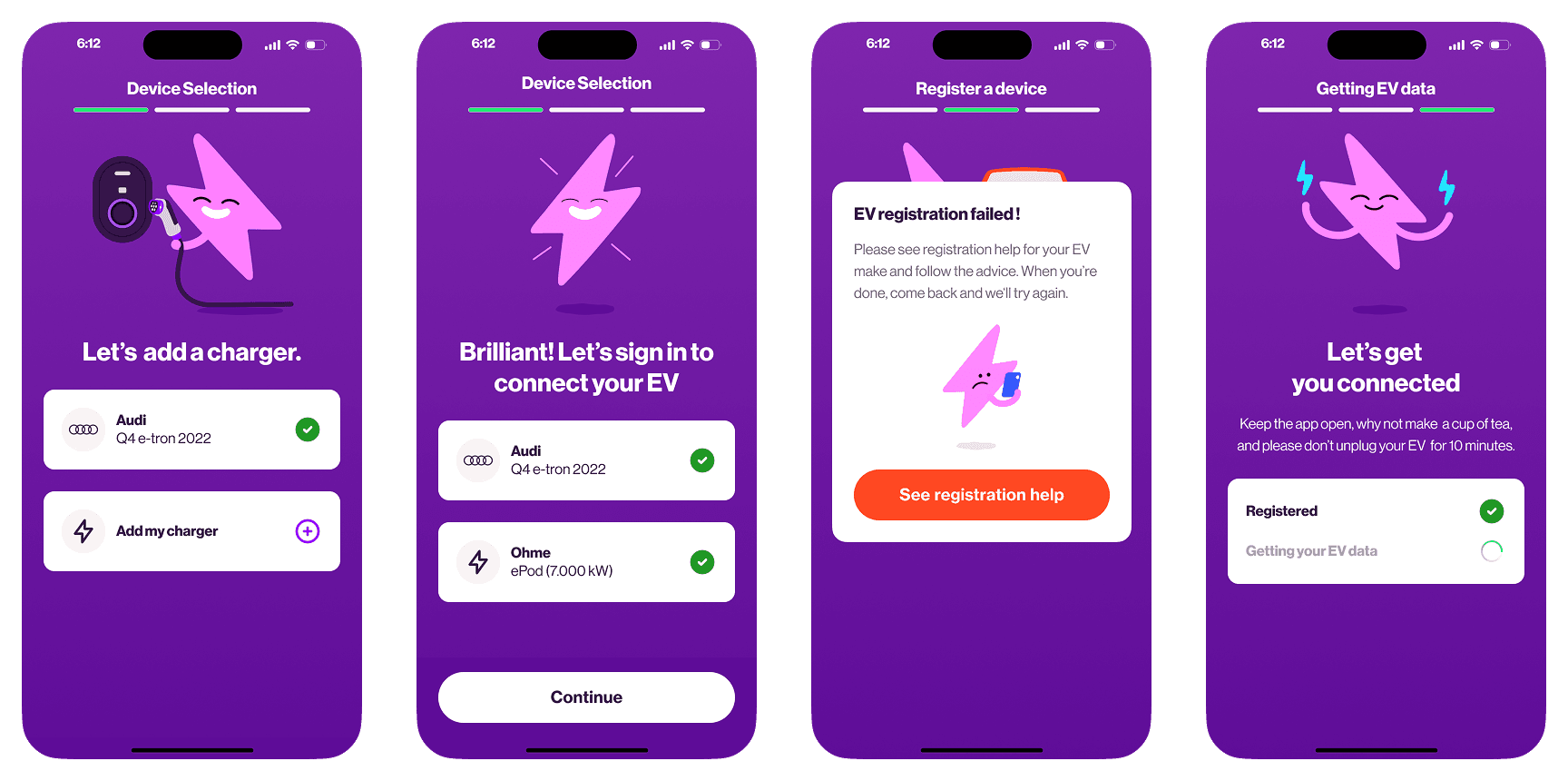 Four-screen EV app flow: choosing a device with an Audi Q4 e-tron 2022 added, signing in to connect an EV with the Audi and an Ohme ePod charger, an EV registration failed message, and getting EV data.