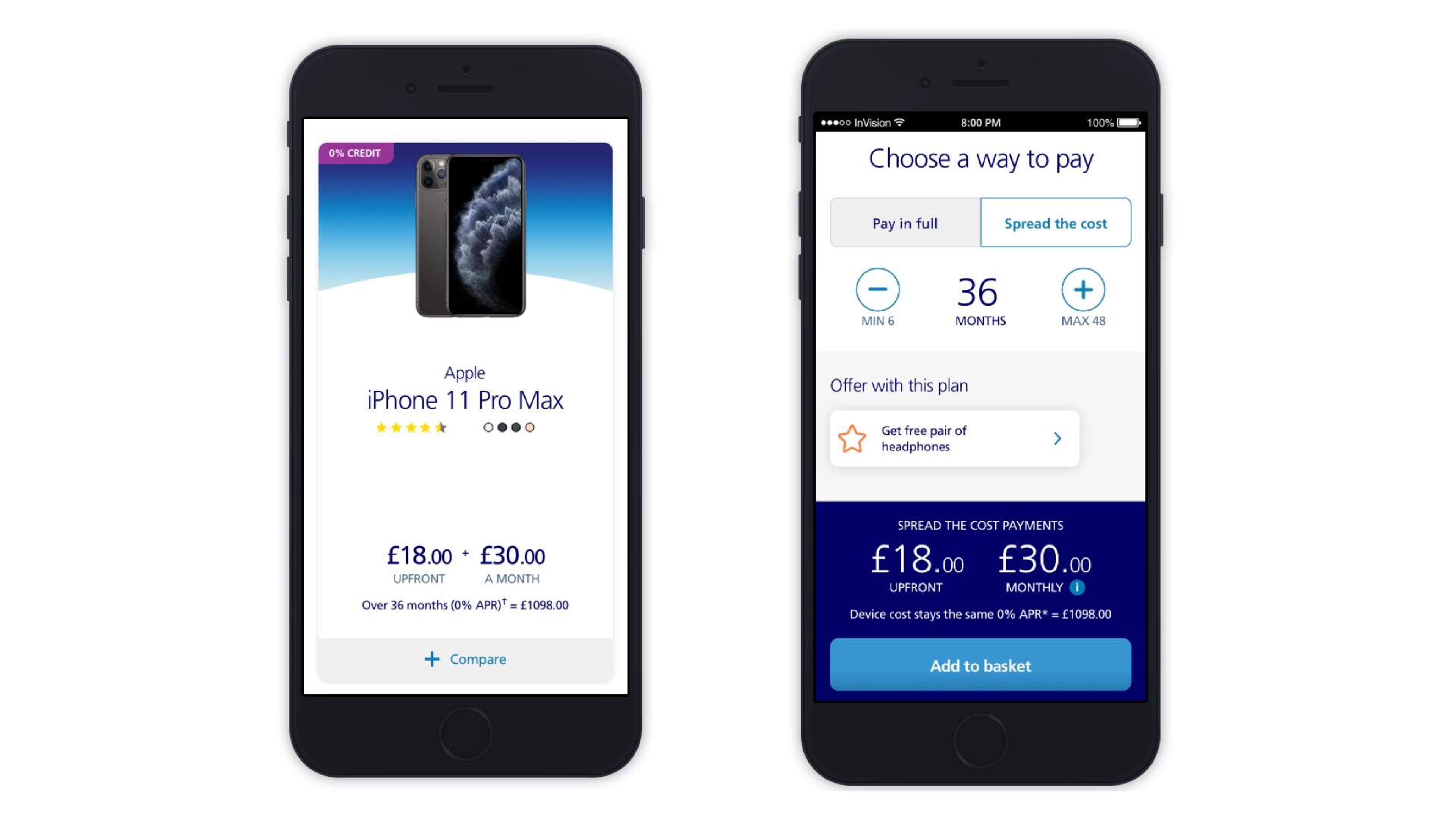 Two phone mockups of the O2 Pay Monthly journey: a product card for the iPhone 11 Pro Max at £18 upfront and £30 a month, and a payment screen with a 36-month slider and an Add to basket button.