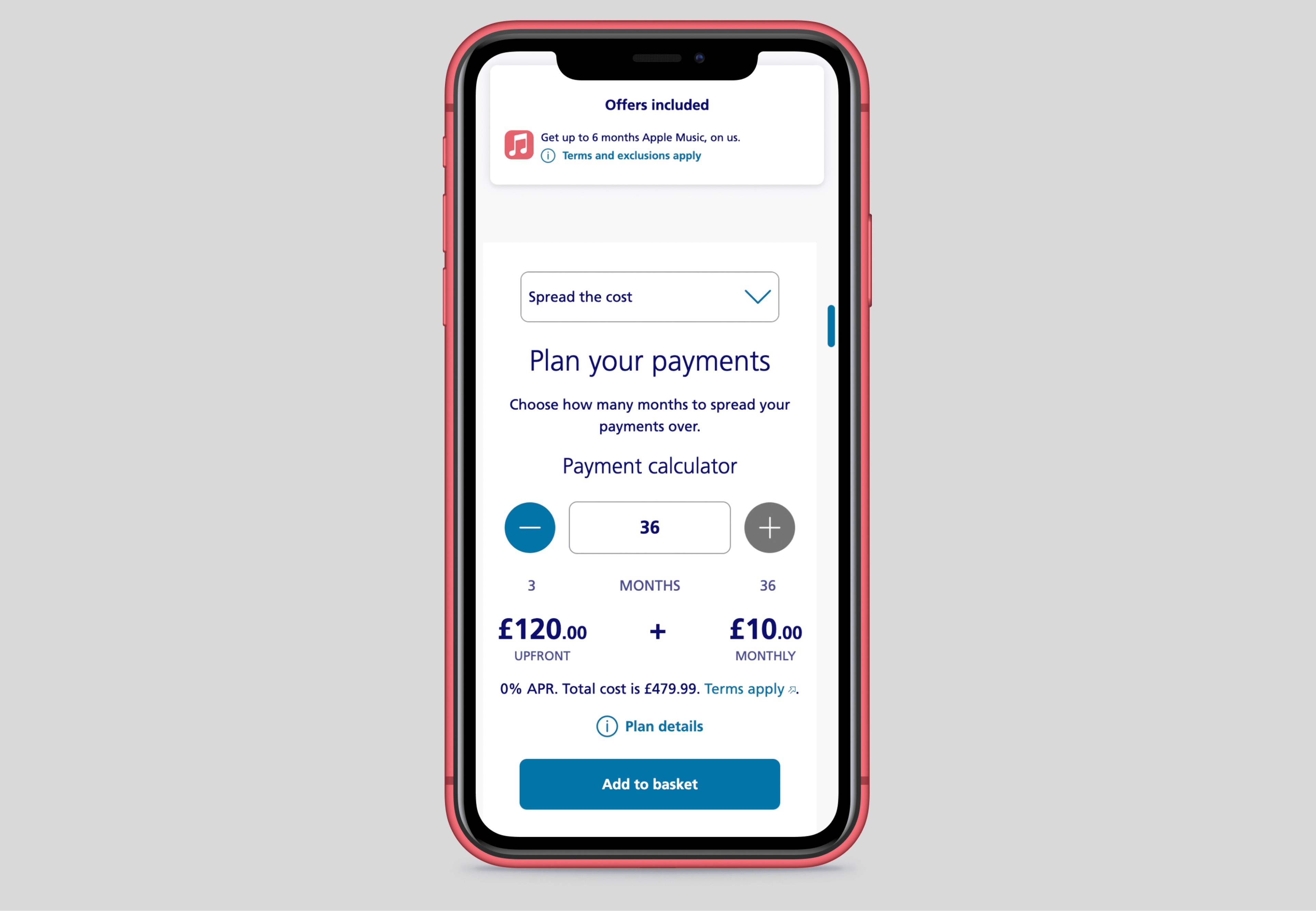 Mobile phone screen of the O2 Plan your payments calculator, set to spread the cost over 36 months with £120 upfront and £10 a month.