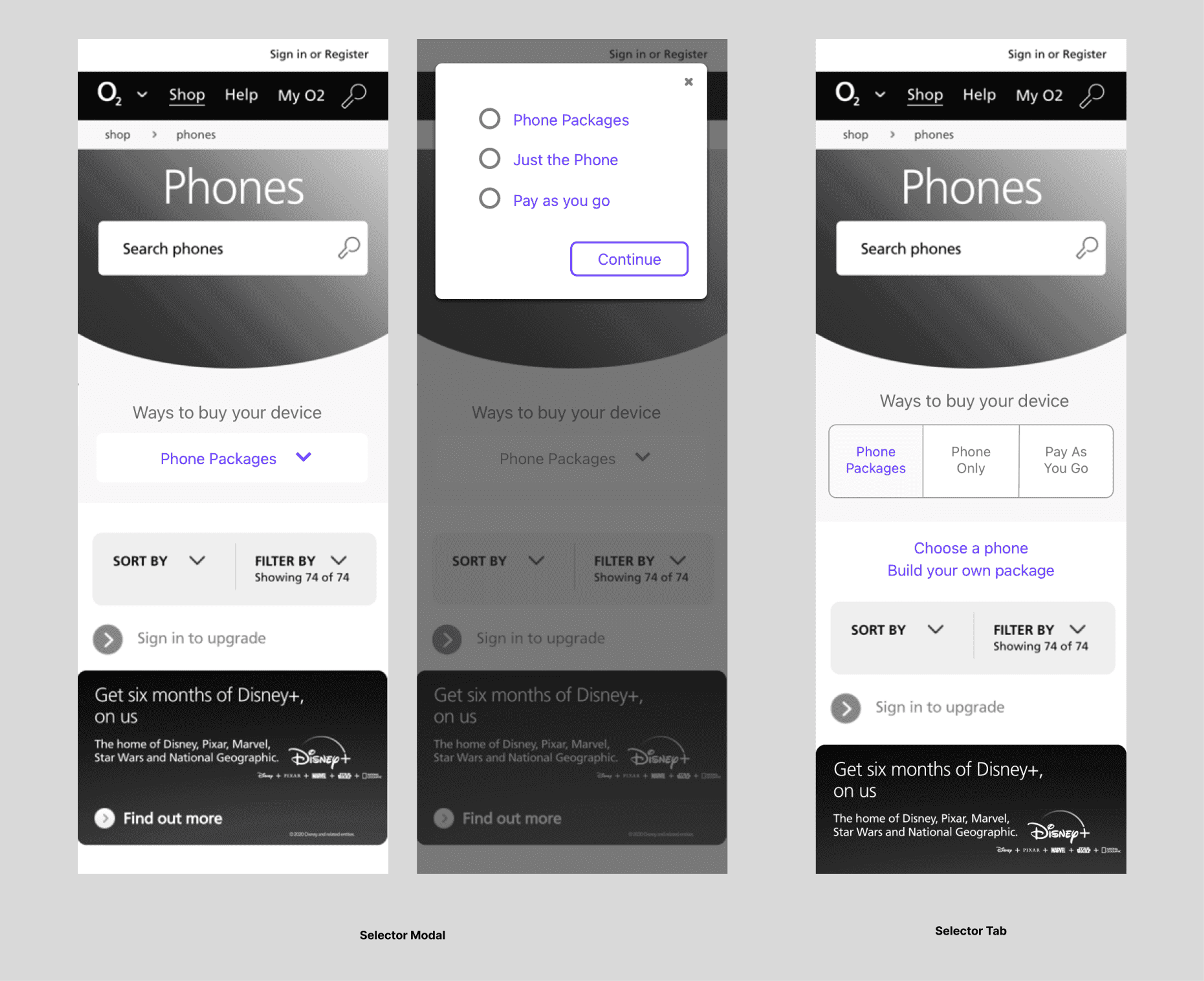 Three mobile wireframes of the O2 phones page: a selector modal offering Phone Packages, Just the Phone and Pay as you go, a dimmed version of the same page, and a selector tab with three buying options.