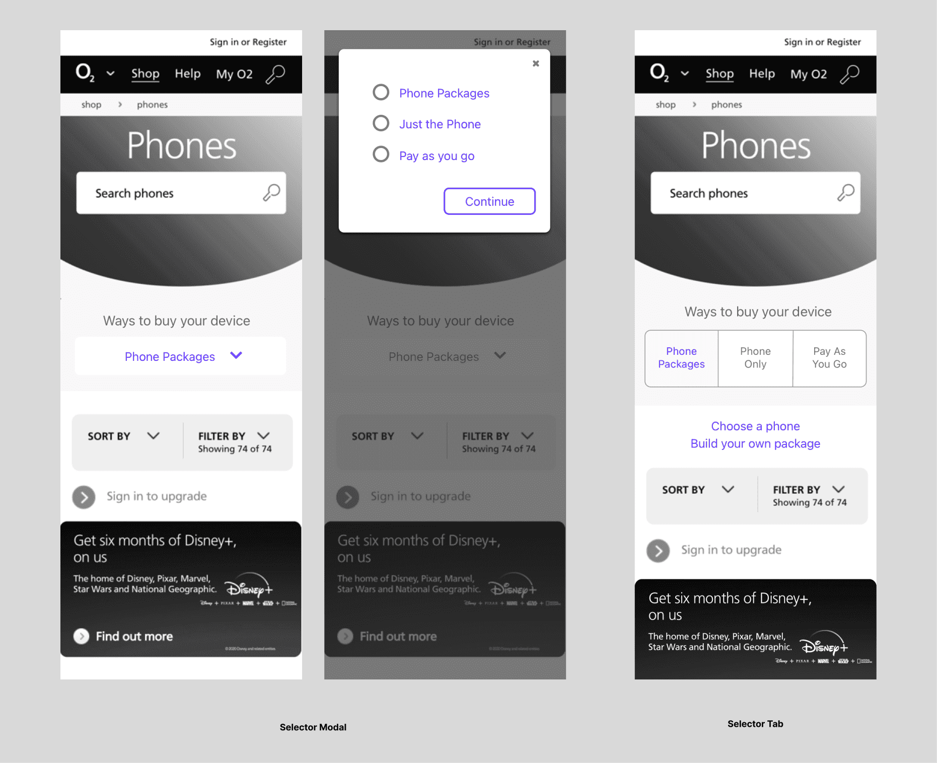 Three mobile wireframes of the O2 phones page: a selector modal offering Phone Packages, Just the Phone and Pay as you go, a dimmed version of the same page, and a selector tab with three buying options.