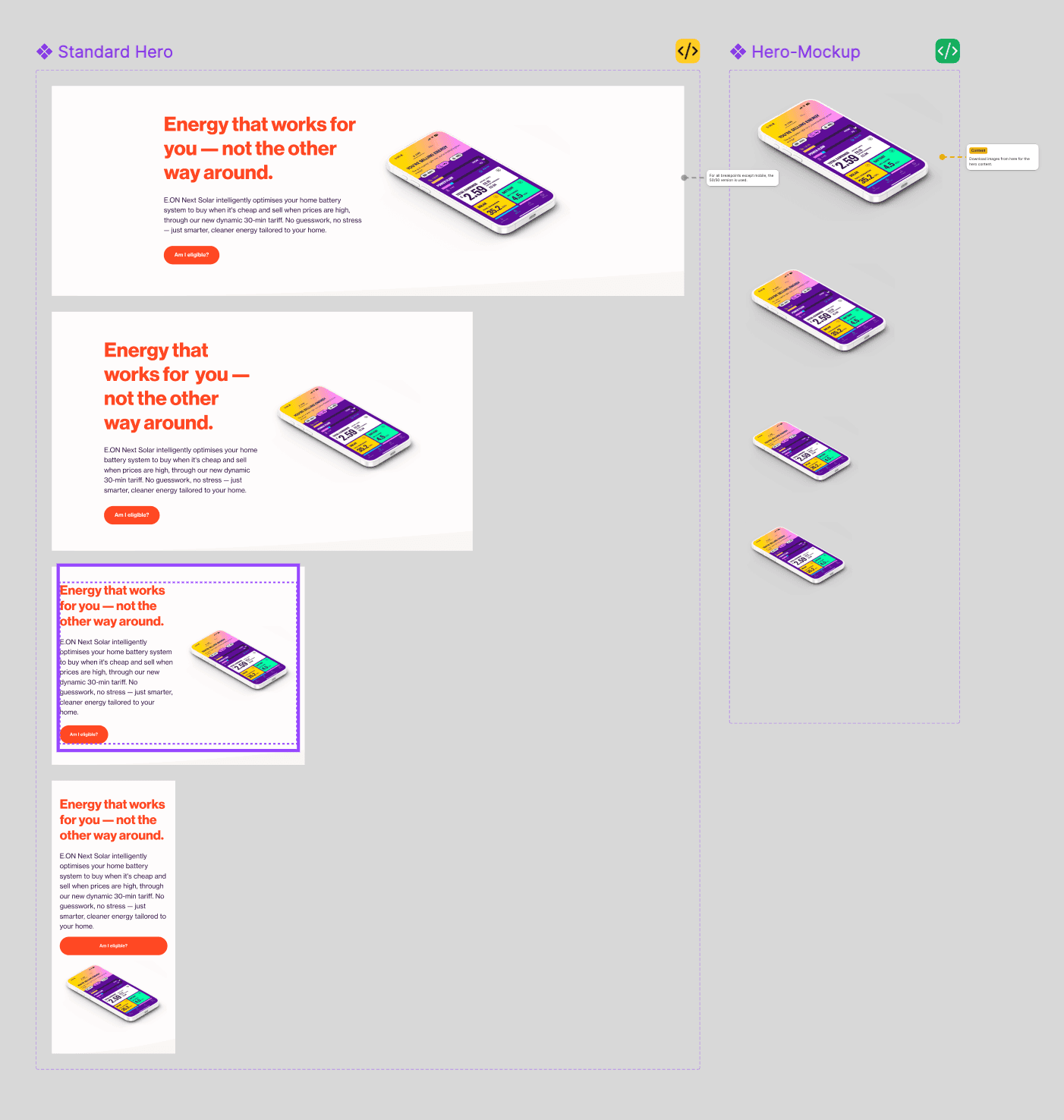 Hero layouts for the E.ON Next Solar page at desktop, tablet and mobile widths, with the headline Energy that works for you, not the other way around, and a phone mockup of the app.
