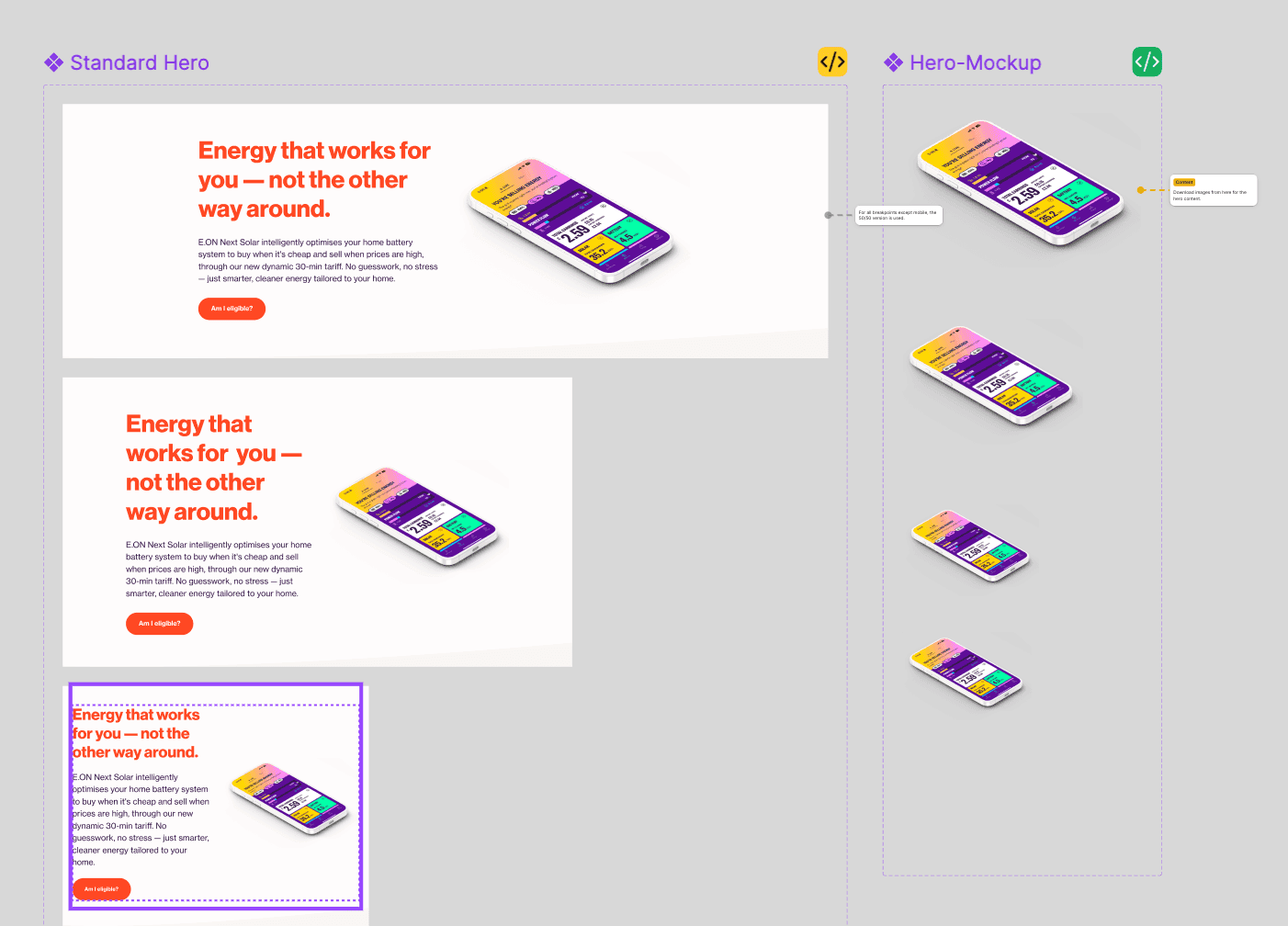 Hero layouts for the E.ON Next Solar page at desktop, tablet and mobile widths, with the headline Energy that works for you, not the other way around, and a phone mockup of the app.